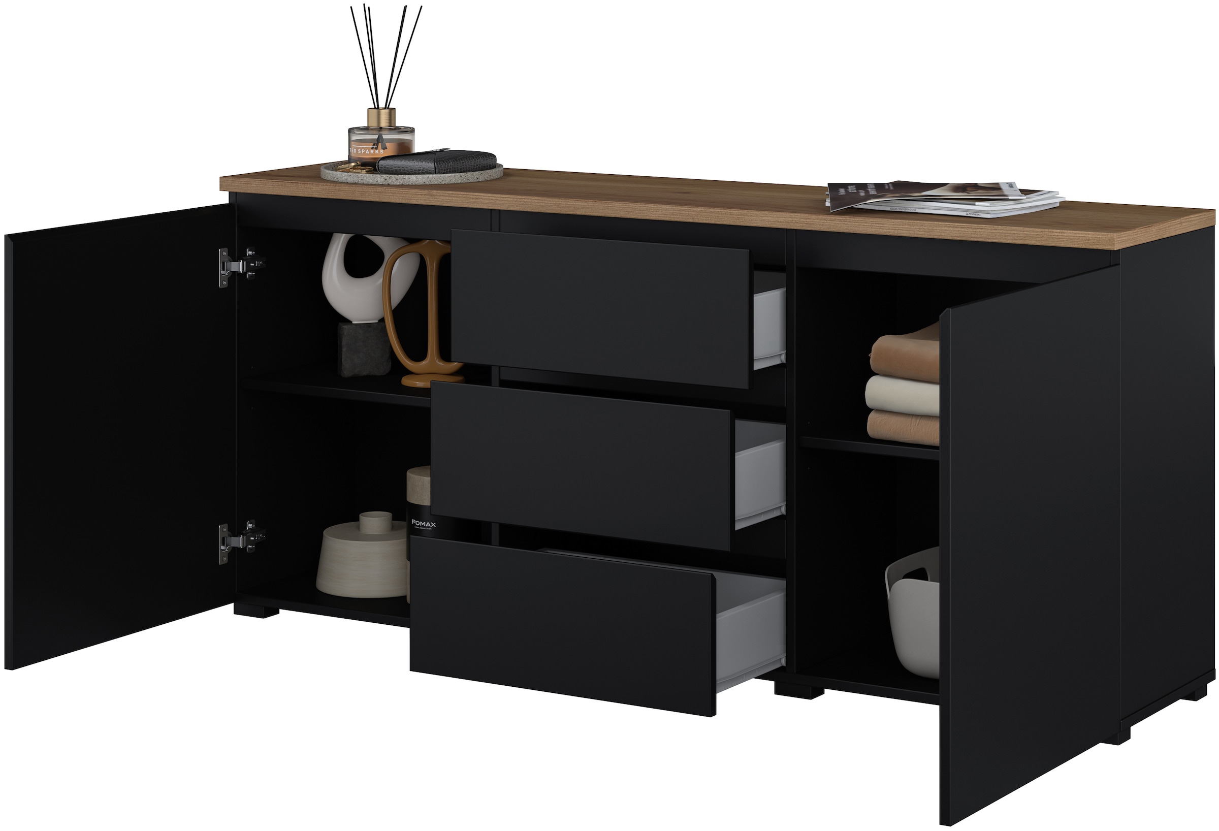 GOODproduct Sideboard »Modo, Breite 150 cm, moderne grifflose Kommode 2Türen/3 SK« Schubladenkommode mit viel Stauraum, Einlegeböden verstellbar