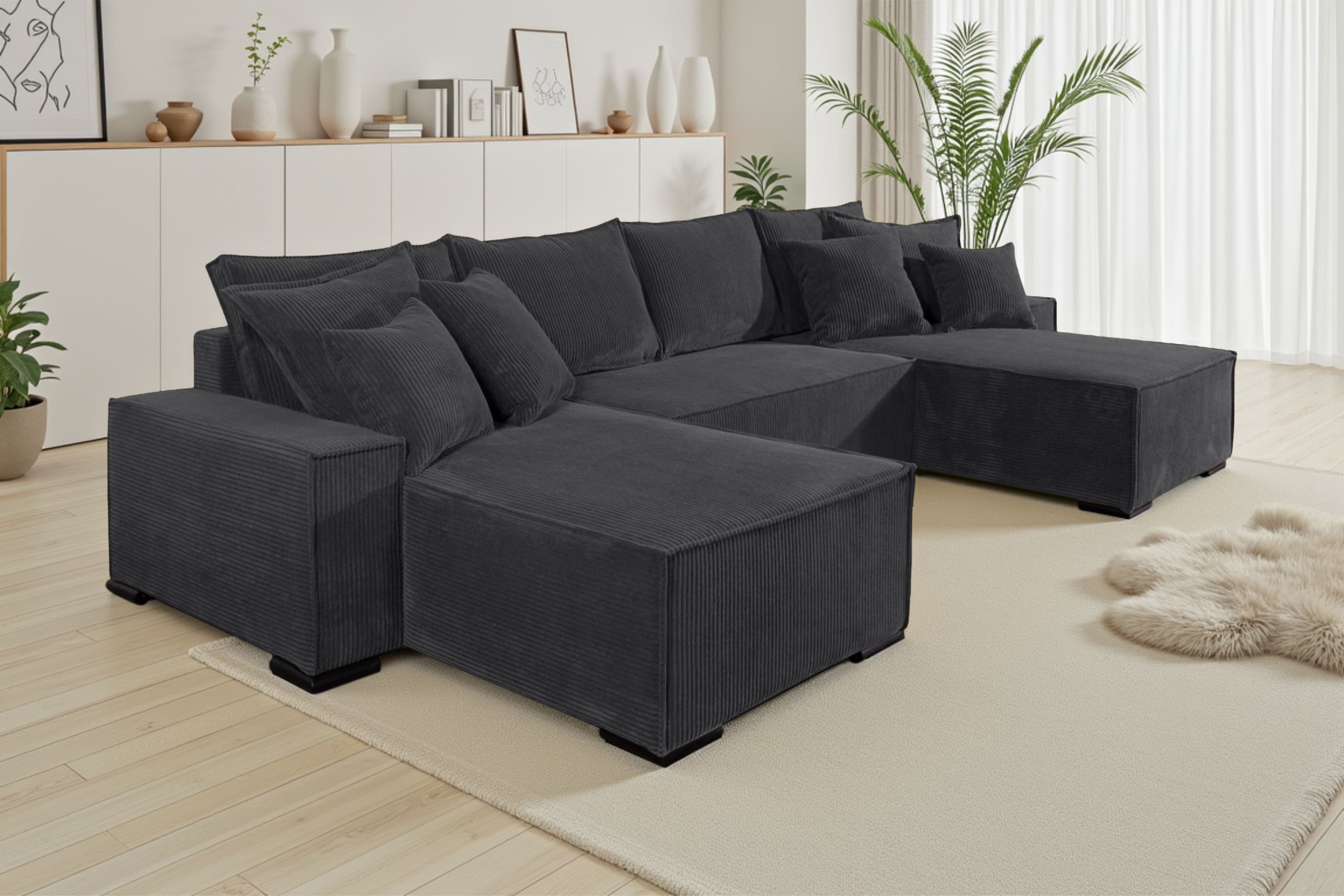 COLLECTION AB Wohnlandschaft »Manhattan U-Form, B: 313 cm, in Breit- oder Normalcord« mit Bettfunktion, Bettkasten & Zierkissen, Federkern