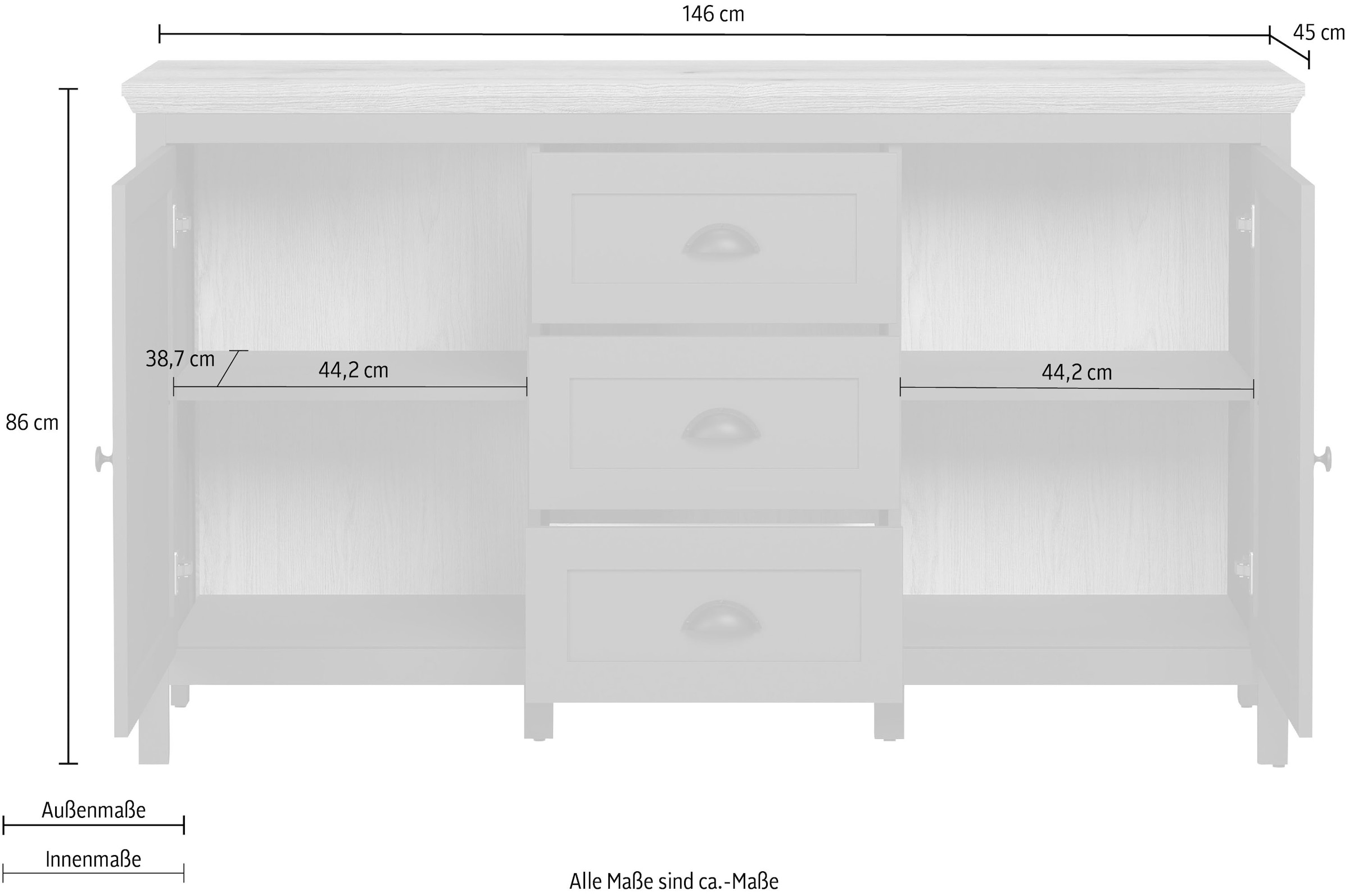 Home affaire Sideboard »Vienna«, (1 St.), Kommode im Landhausstil mit 3 Vollauszug-Schubladen und 4 Fächer