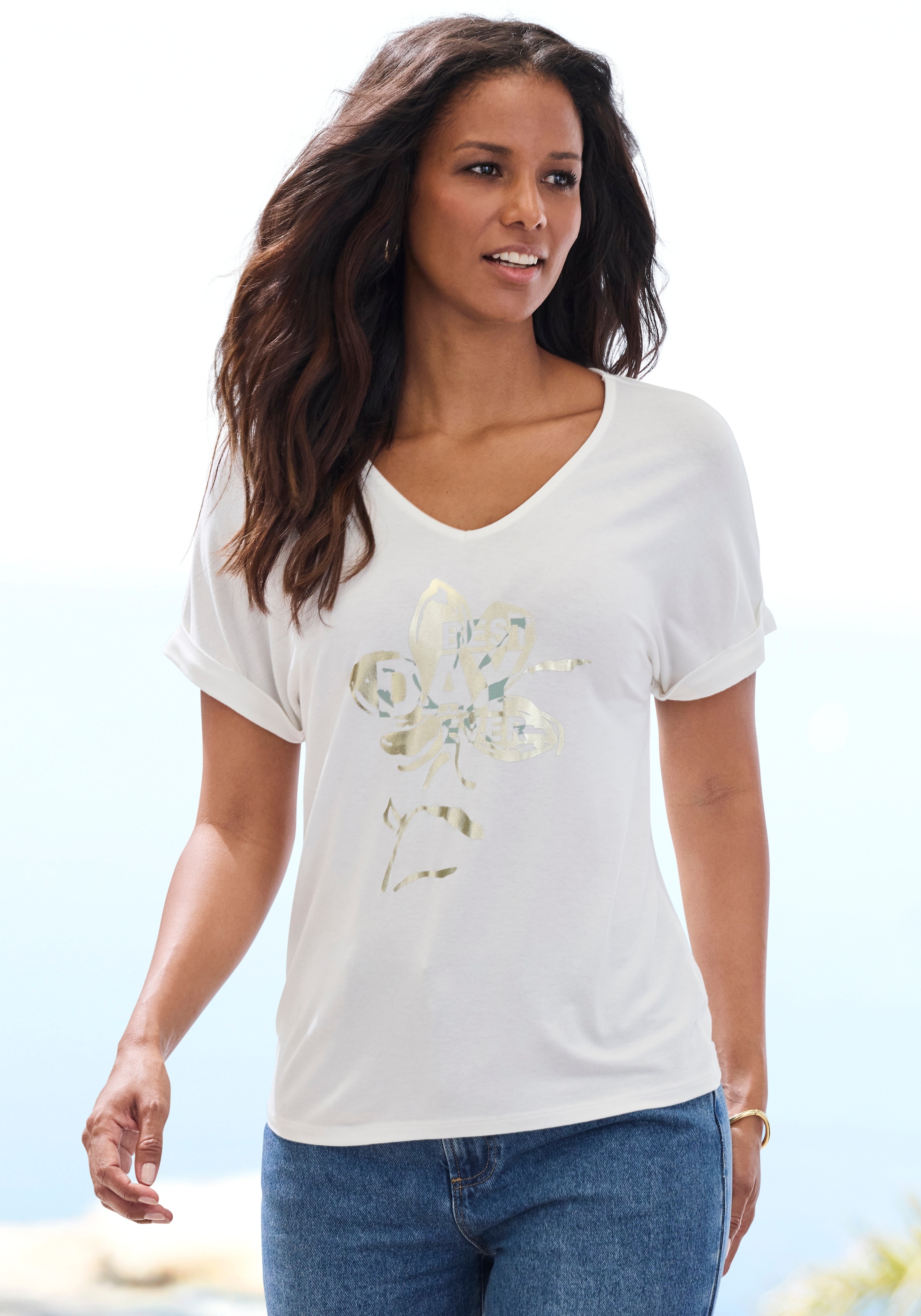 Image of LASCANA Kurzarmshirt "mit schimmerndem Print" aus weichem Viskose-Stretch