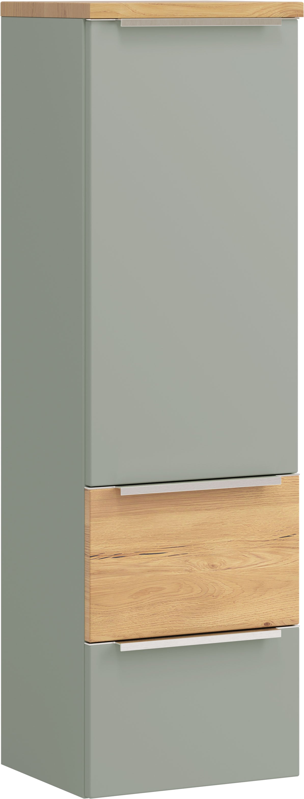 Image of welltime Midischrank "TRIENT, Midischrank 40 cm, Softclose-Auszüge und gedämpfte Scharniere" Masse (B/H/T): ca. 40/130/35 cm, Schilfgrün/Wildeiche, Softclose-Metallauszüge