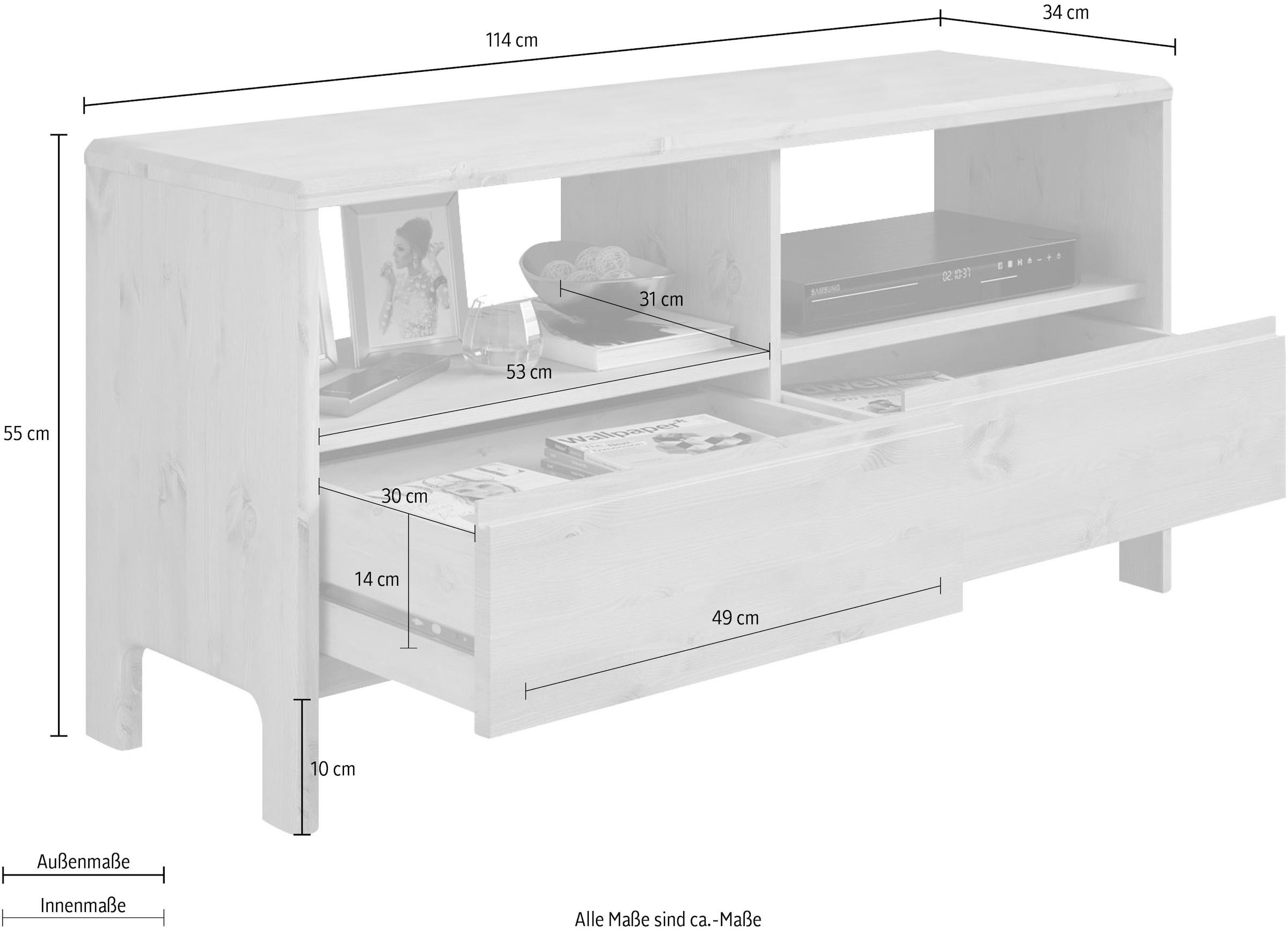 Home affaire TV-Schrank »Luven«, aus Massivholz, Breite 114 cm, 2 Schubladen und 2 offenen Fächer