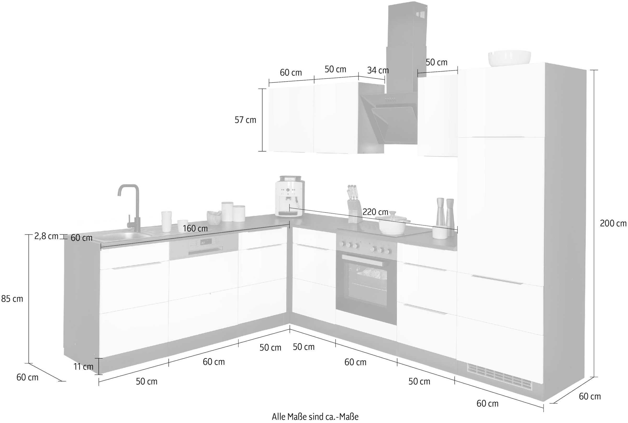 KOCHSTATION »KS-Brindisi« Stellbreite 220/280 cm, wahlweise mit E-Geräten, mit MDF-Fronten