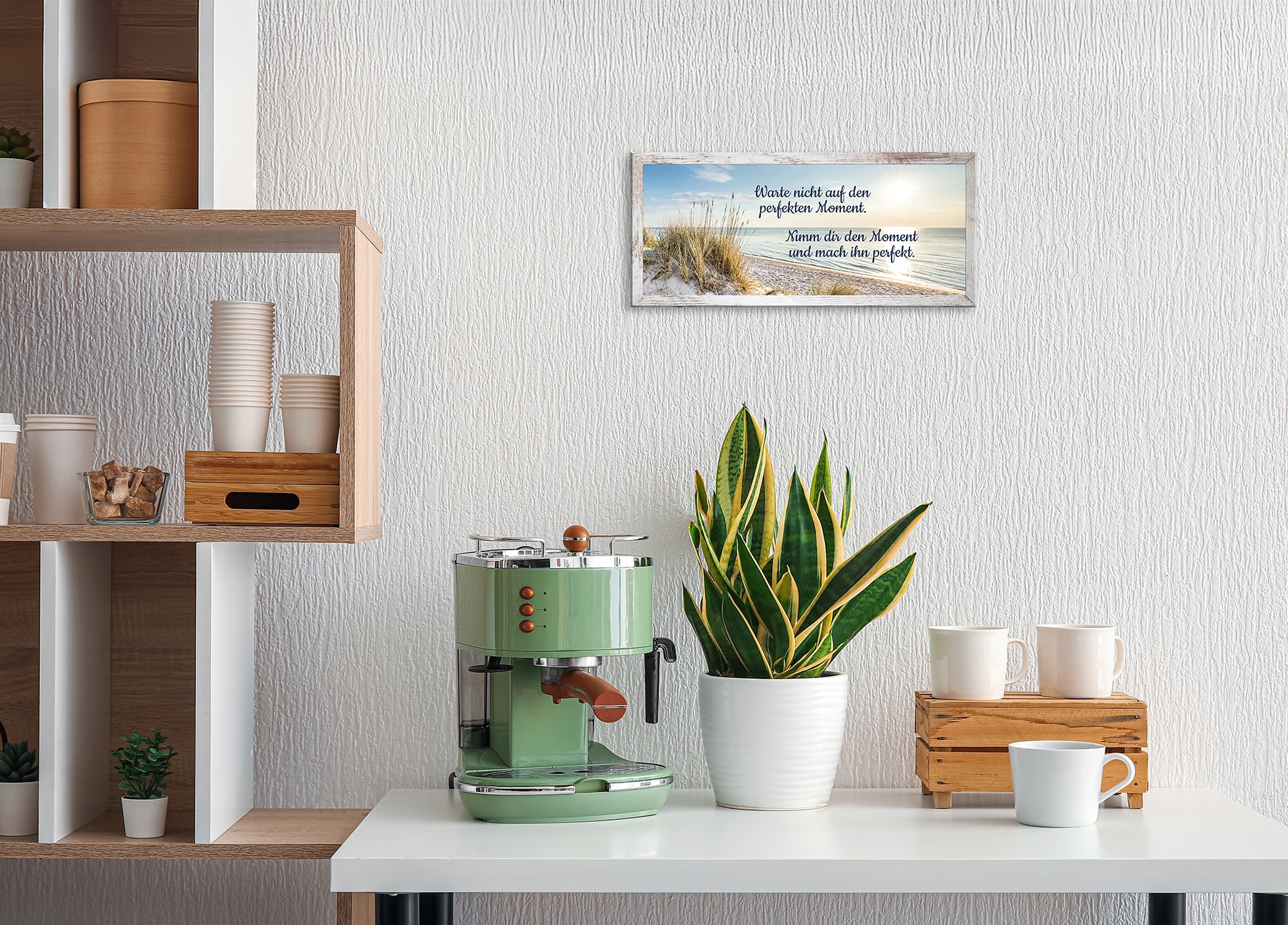 Bönninghoff Tableau avec cadre »Wandbild gerahmt STRAND MIT SPRUCH MOMENT 23x49 cm – Natur Wanddeko« Citations | Citations et textes | Images de coucher et lever de soleil | Plage 1 cuis tlg. avec cadre décoratif
