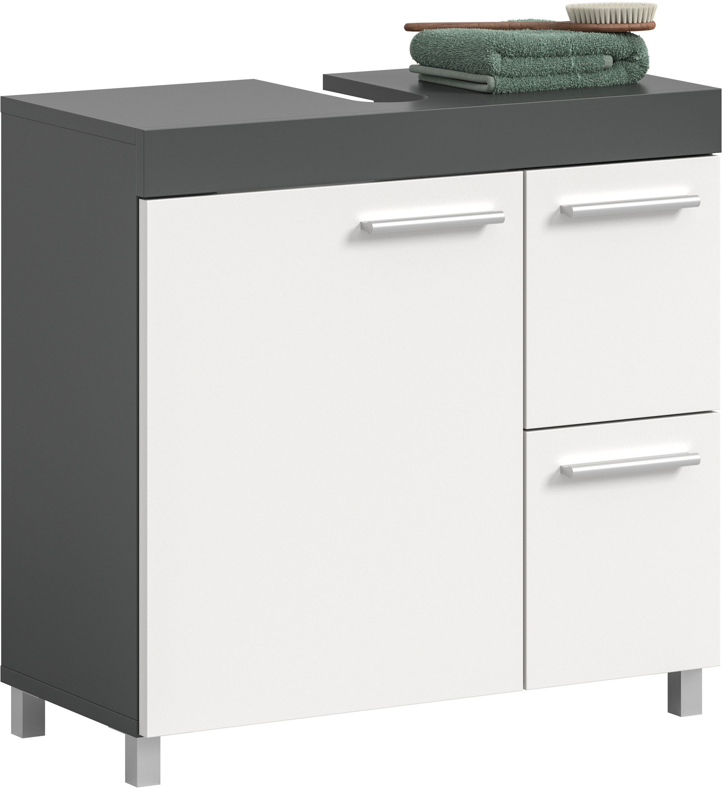Image of welltime Waschbeckenunterschrank "HANO, Badezimmer, WBU, Waschtisch, Kommode, Unterschrank" in 2 verschiedenen Farben und 2 verschiedenen Ausstattungen erhältlich, 1 Tür, 2 E-Böden, 2 Fächer, 2 Schubkästen, mit Siphonausschnitt