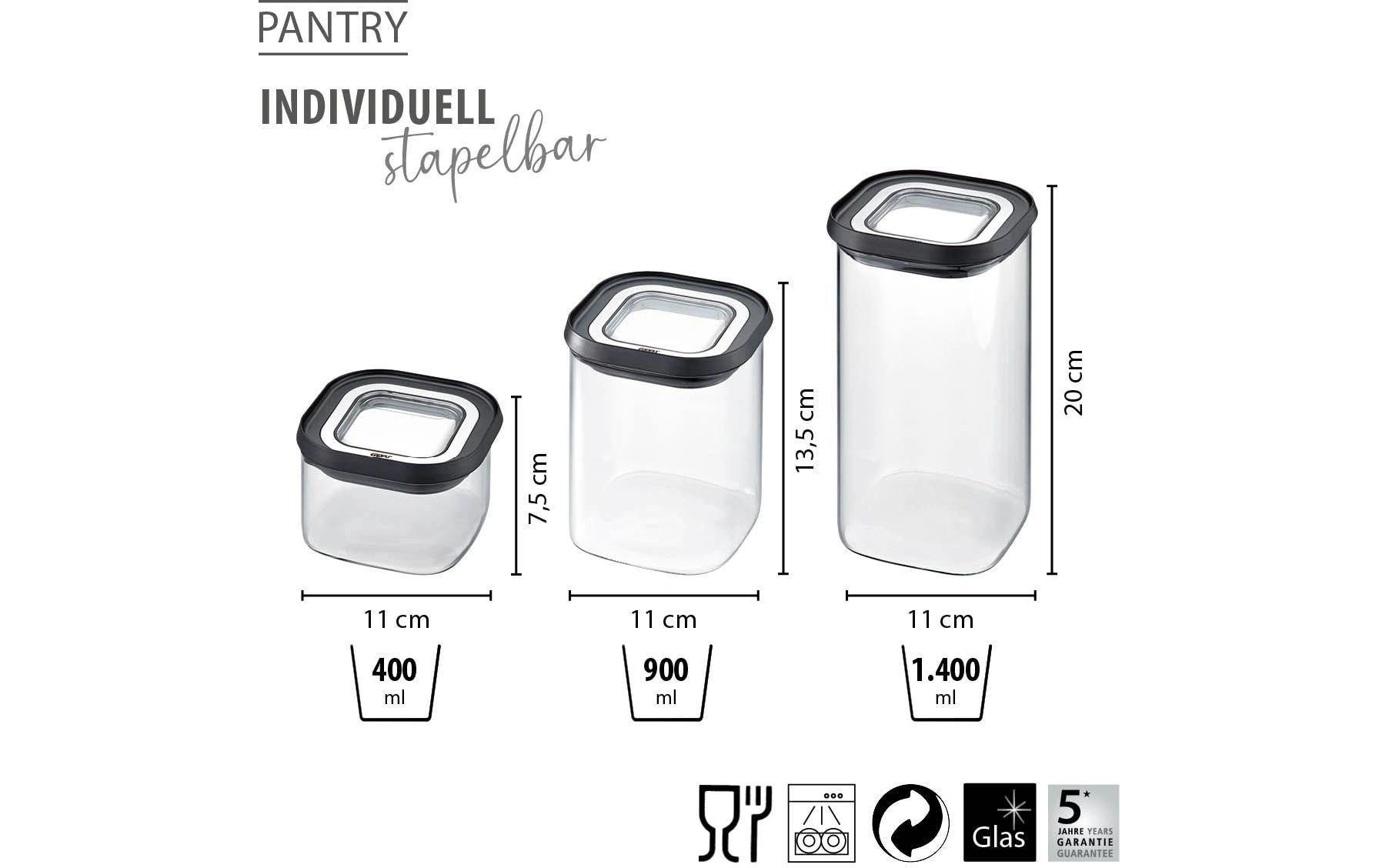 GEFU Vorratsglas »PANTRY« Set, 3 Vorratsgläser, 3 Deckel, 6 tlg. Stapelbar, luftdicht, transparent, platzsparend