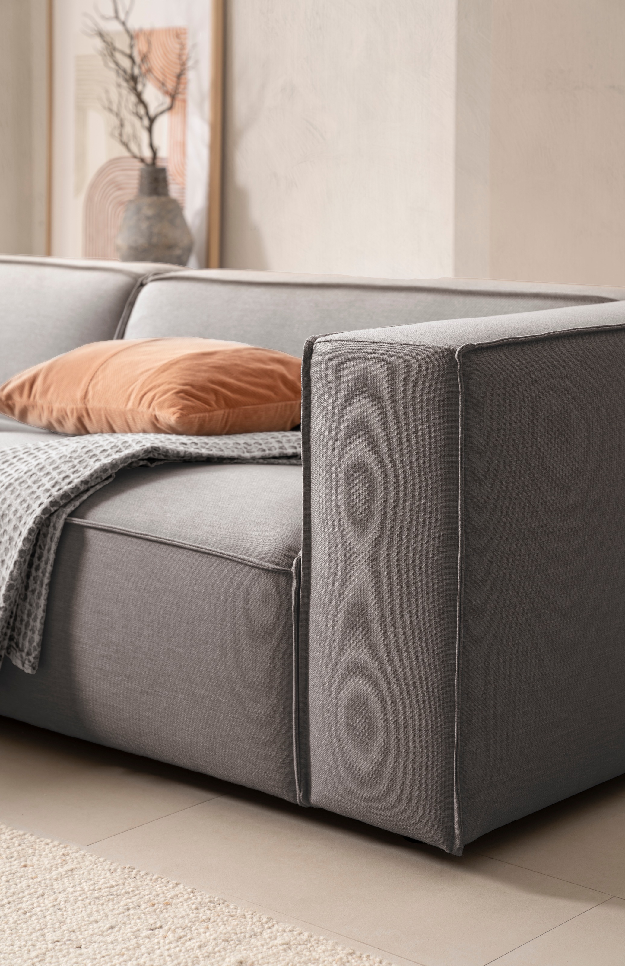 LeGer Home by Lena Gercke Ecksofa »PIARA mit Kedernaht in Cord oder Leinenoptik, moderne Couch in L-Form«, wahlweise Ottomane rechts/links, schwarze Füsse, bequemer Sitzkomfort