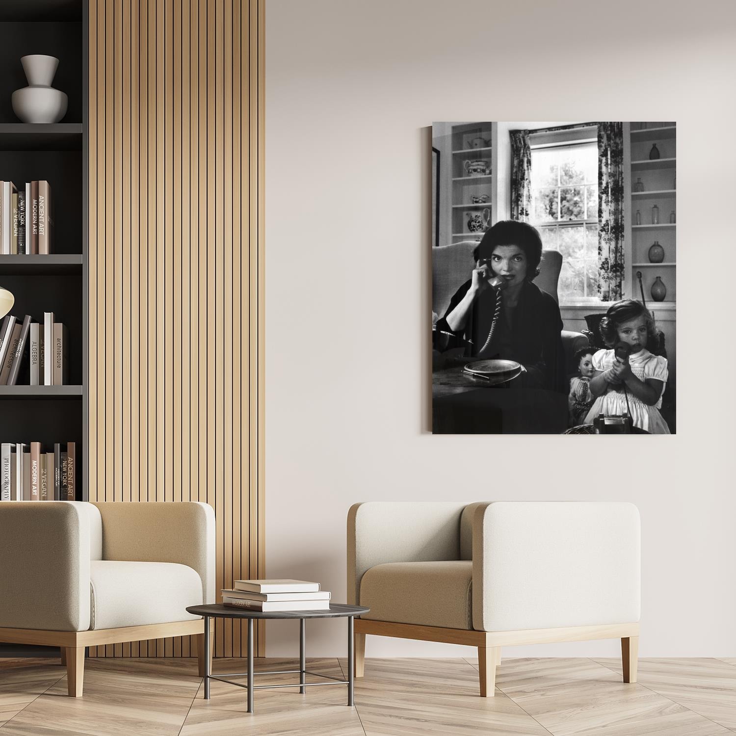 Image of queence Acrylglasbild "The Phone" Film Filmfiguren Filmszene Foto Frau Portrait Schwarz-Weiss Stars Fine Art-Print in Galeriequalität