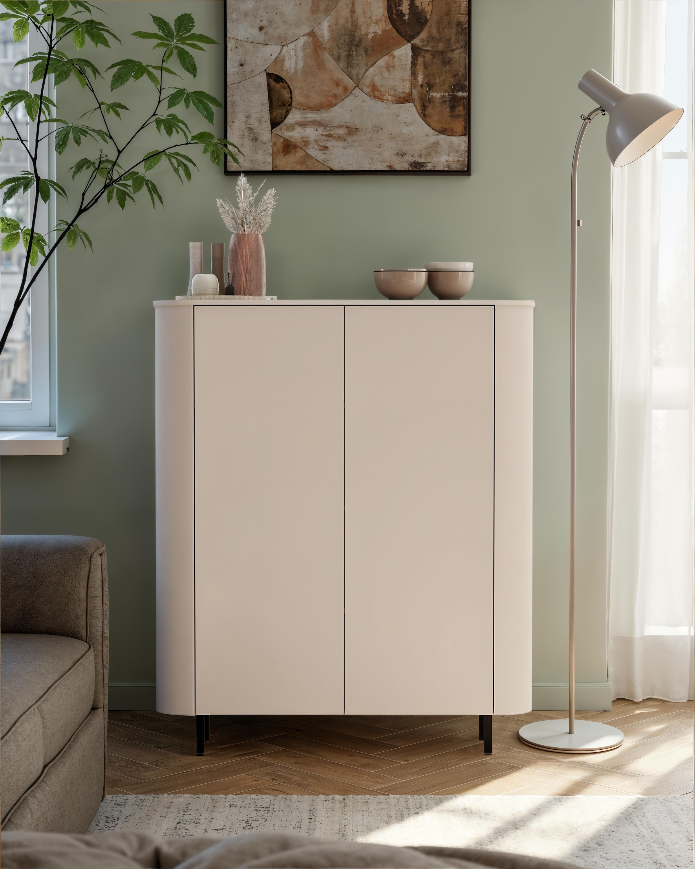 GOODproduct Highboard »Lido, B/H 131/154 cm, 2 Türen, Stauraumschrank, Hochkommode« Formgebogenes MDF, Stirnseiten mit Rundung, Push-to-open, Metallfüsse