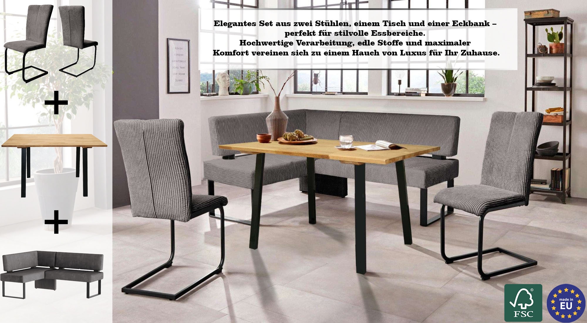 Home affaire Eckbankgruppe »Oliver«, (Set, 4 tlg., 4-tlg), Eckbank mit Wellenunterfederung im Sitz, Tisch Massiv Eiche