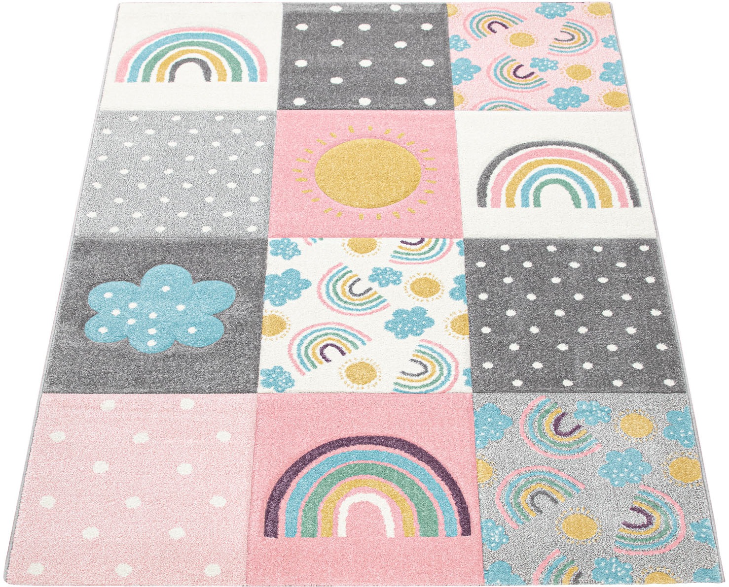 Image of Paco Home Kinderteppich »Cosmo 962«, rechteckig, 12 mm Höhe, 3D-Design, Patchwork Muster, Motiv Regenbogen & Punkte, Pastell-Farben, Kinderzimmer bei Ackermann Versand Schweiz