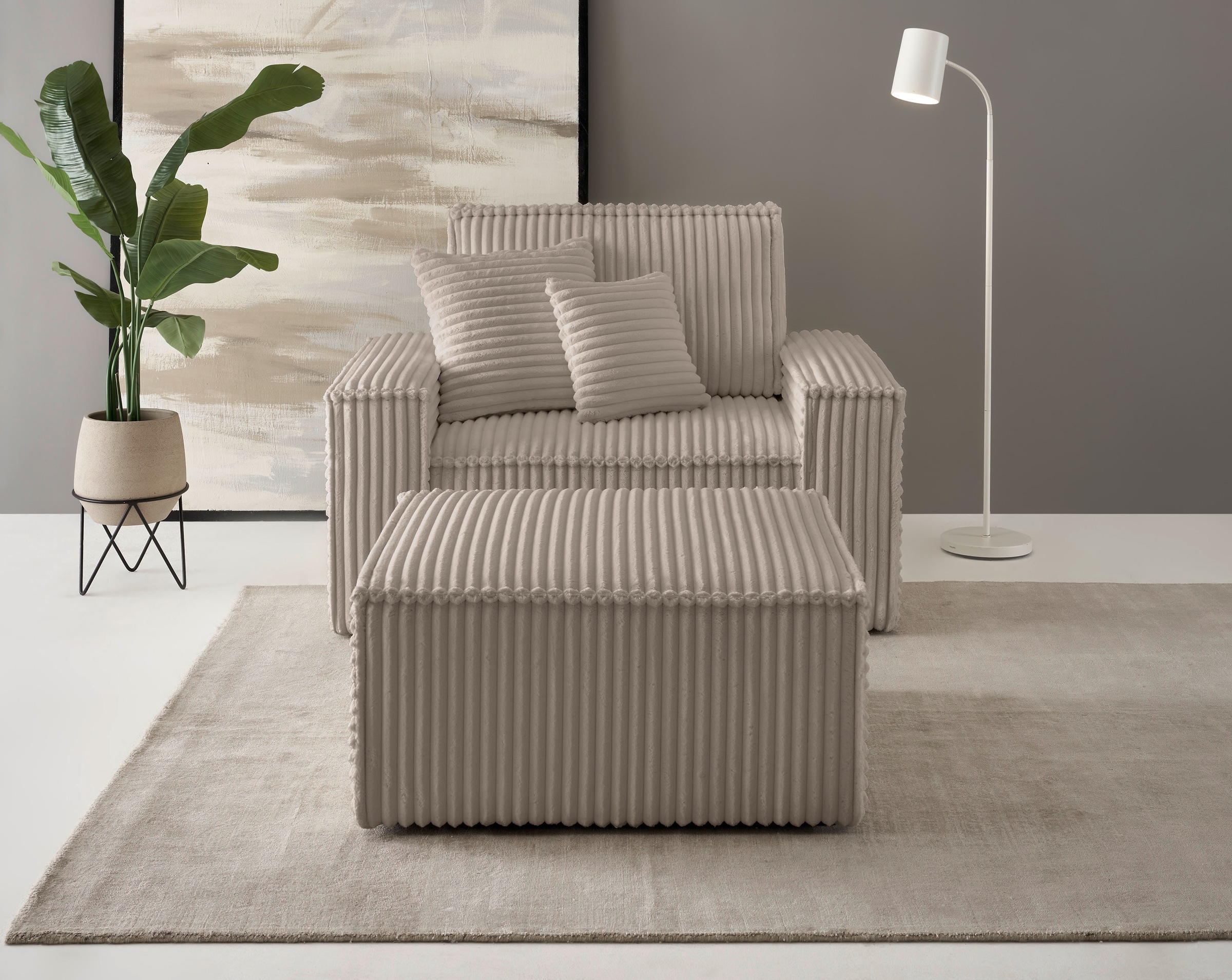 Image of GOODproduct Loveseat "FINNLEY, Loveseat & Hocker im Set, trendige Stoffe, inkl. Zierkissen" 2 Stk. tlg. verfügbar in den Stoffqualitäten Bouclé, Struktur fein und Mega Cord