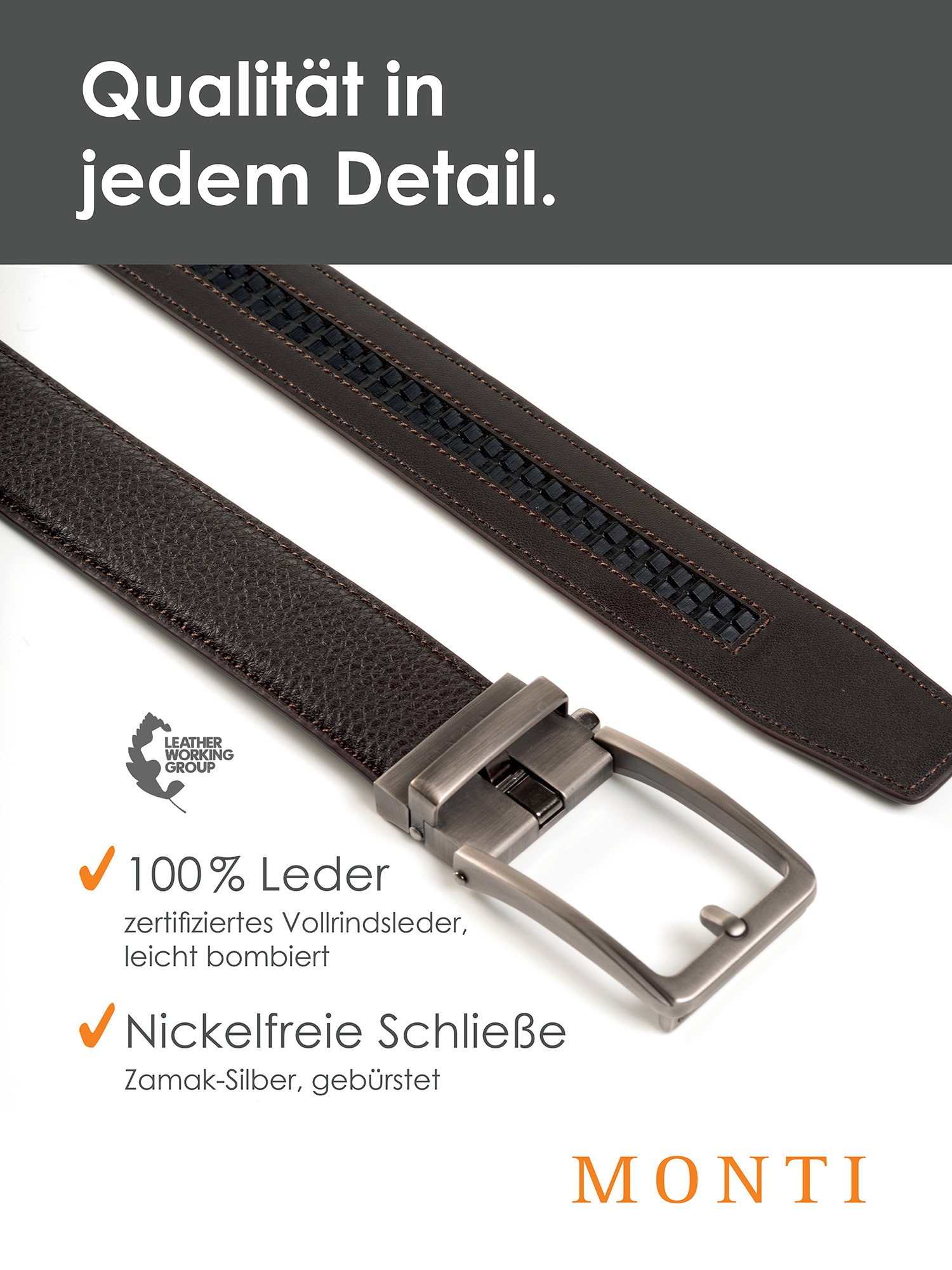 MONTI Ledergürtel, 3,5 cm breit, Klassisch-Business, Automatikschliesse - Passt immer