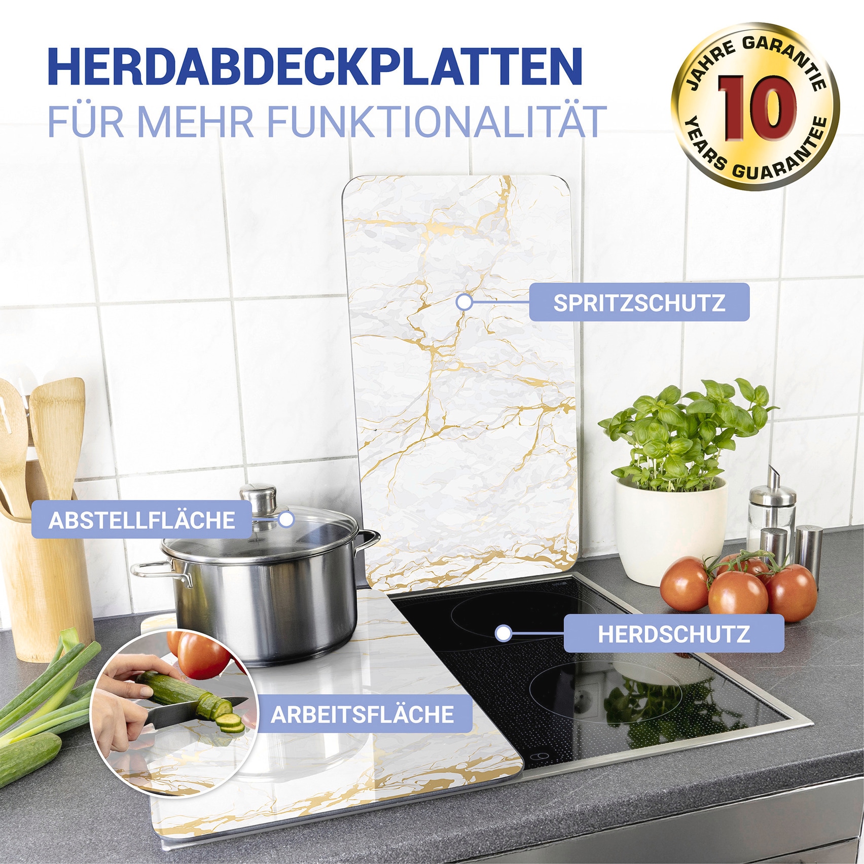 WENKO Herd-Abdeckplatte »Universal Modell Marmor Goldfarben«, (Set, 2 tlg.), Herdabdeckung für alle Herdarten, kratzfest, mit rutschfesten Füssen