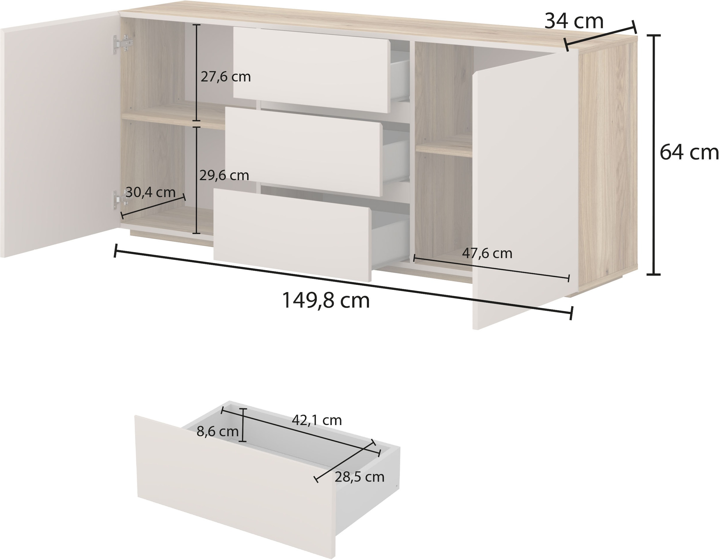 INOSIGN Sideboard »Criss, Breite 150 cm, moderne grifflose Kommode 2Türen/3SK« Schubladenkommode mit viel Stauraum, Einlegeböden verstellbar