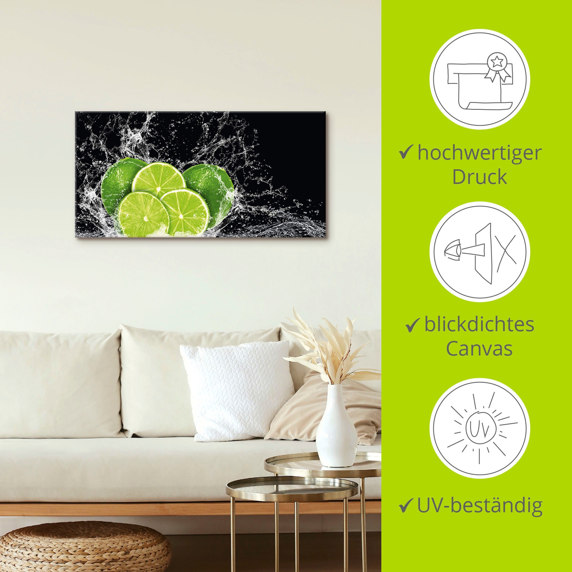 Artland Wandbild »Limone mit Spritzwasser«, Obst Bilder, (1 St.), als Leinwandbild, Poster, Wandaufkleber in verschied. Grössen
