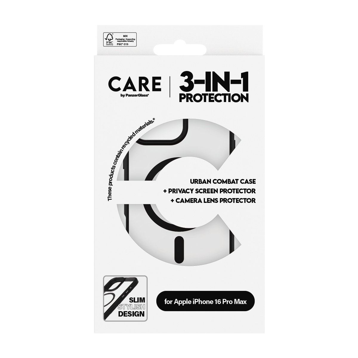CARE by PanzerGlass Displayschutzglas »3-in-1 Protection, Privacy Glass, Case, Lens Cover«, für Apple iPhone 16 Pro Max, Displayschutzfolie, Schutzfolie, Bildschirmschutz, kratz- & stossfest