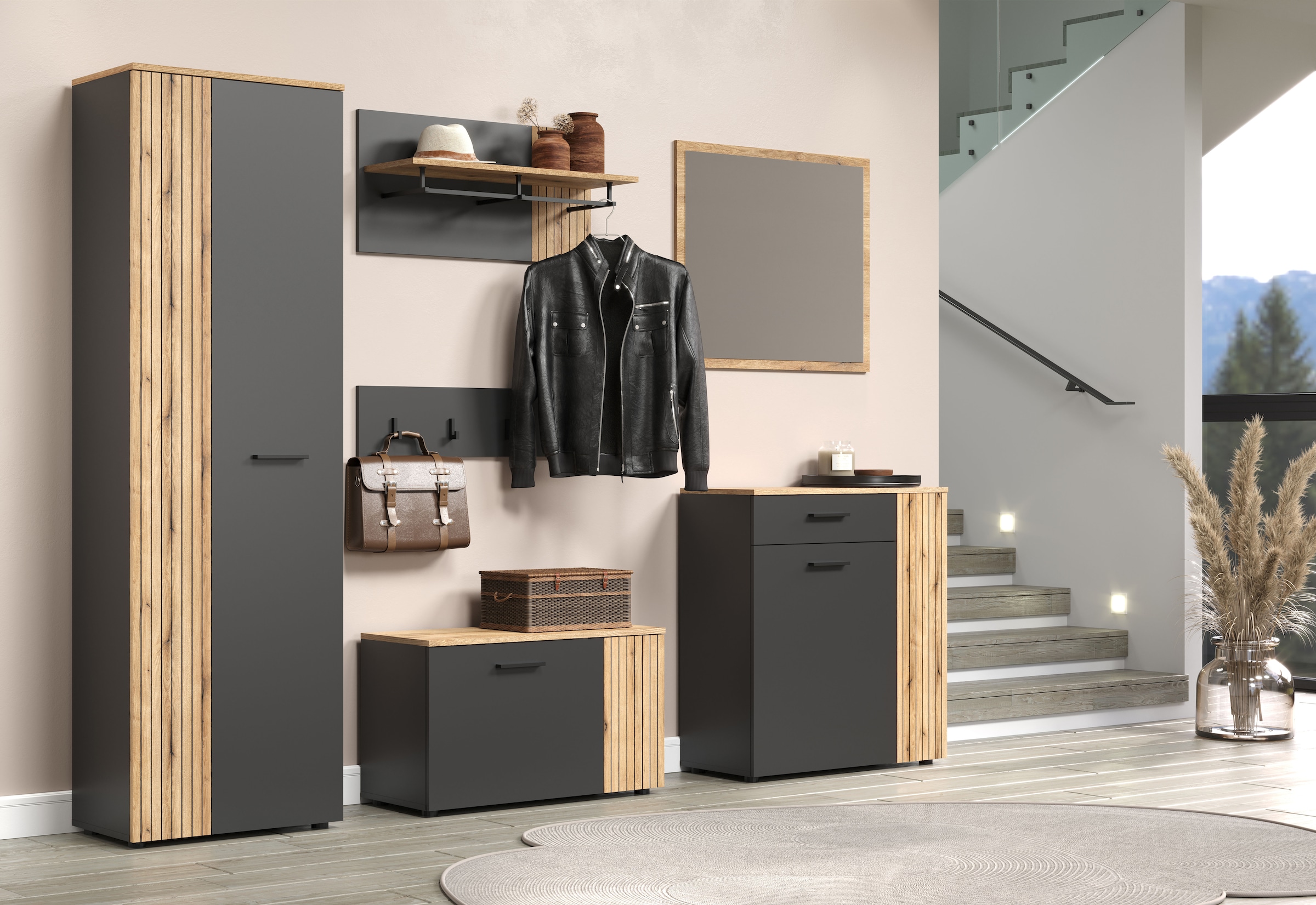 INOSIGN Garderoben-Set »Estepona«, (Komplett-Set, 6 St.), Garderobenmöbel mit Rillenoptik - Masse (B/T/H) 250/36/195 cm