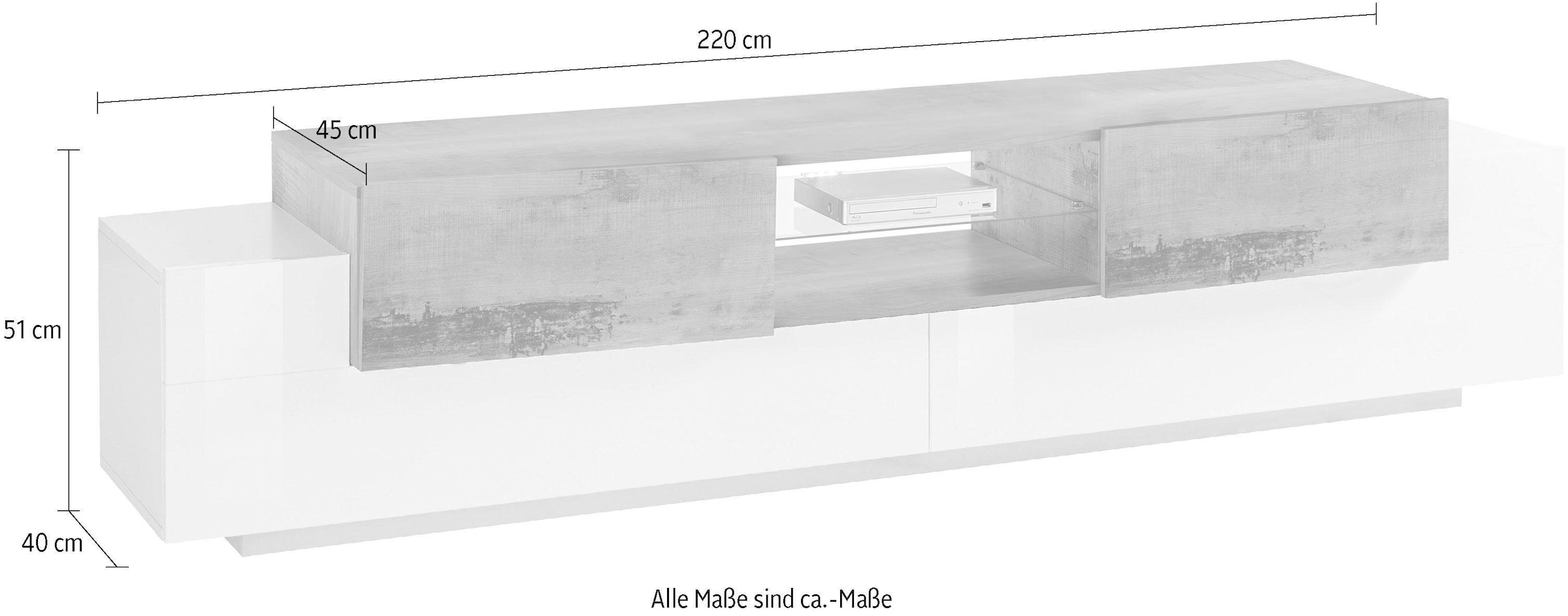 INOSIGN Lowboard »Coro,Lowboard,TV-Kommode,TV-Möbel,TV-Bank«, mit 2 Klappen, 2 Türen, 1 Glasboden, Breite 220