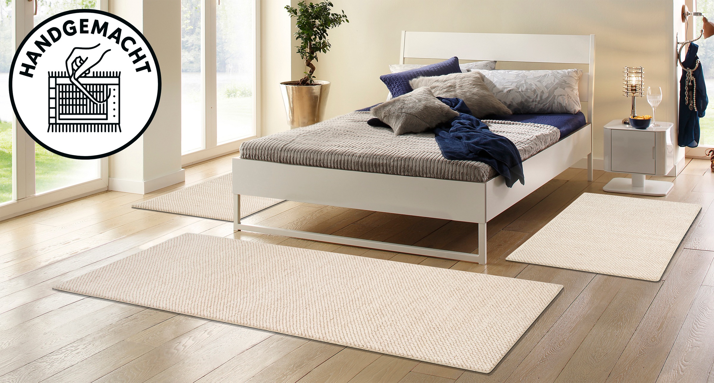 Image of GOODproduct Bettumrandung "Wolly, Handweb Teppiche" Höhe 14 mm 3 Stk. tlg. Bettvorleger, Wolle, handgewebt, Läufer-Set Wohnzimmer, Schlafzimmer
