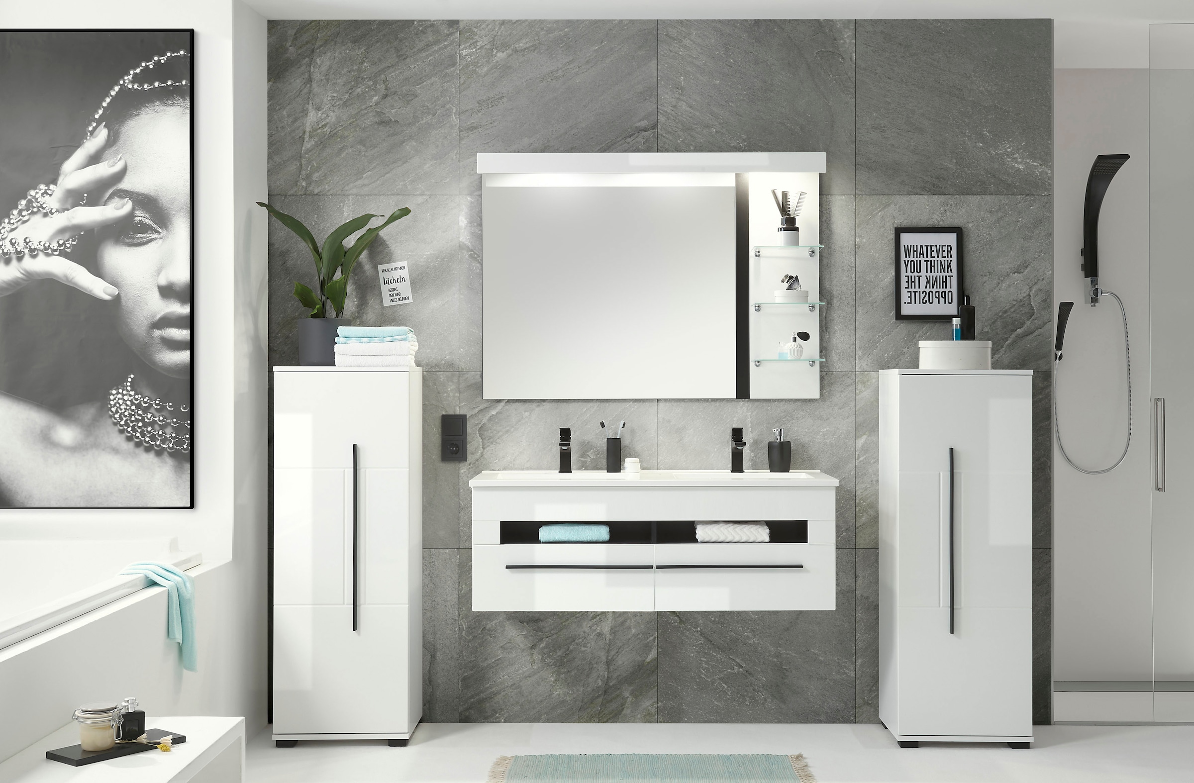 INOSIGN Midischrank »Cantara, Badschrank in Hochglanz Weiss, Schrank im modernen Design«, mit schwarzen Griffen, ausreichend Stauraum
