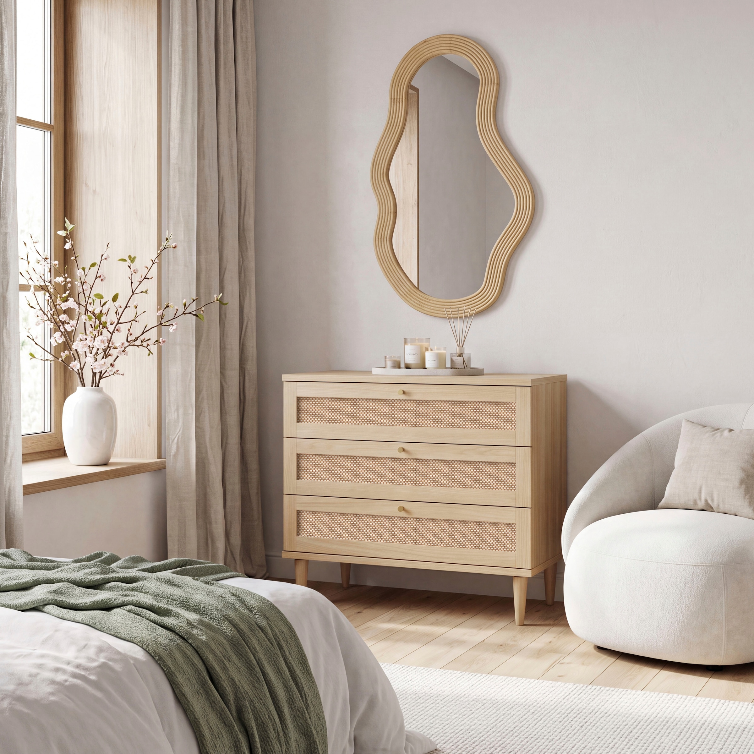 GOODproduct Kommode »ELLIAN mit Geflechtoptik warmes Holzdekor, 3 Schubkästen« Holzfüsse, Metallgriffe, Made in EU, viel Stauraum