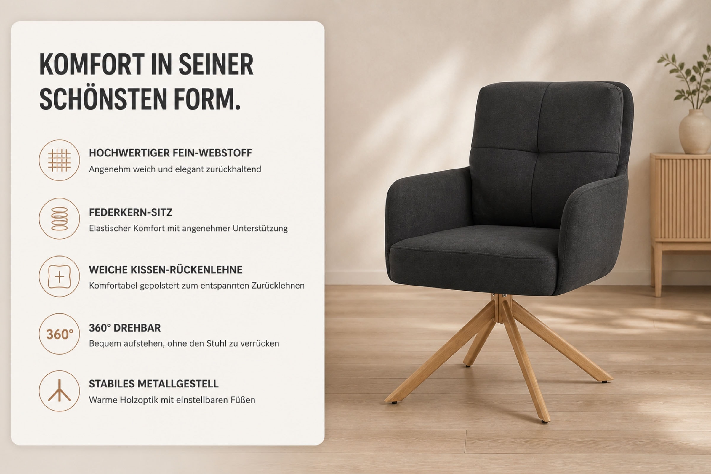 GOODproduct Chaise de salle à manger »Miami, 2er-Set, Federkern« (Ensemble) 2 cuisgemütlicher Armlehnstuhl mit Federkern, Fein-Webstoff und Holzoptik