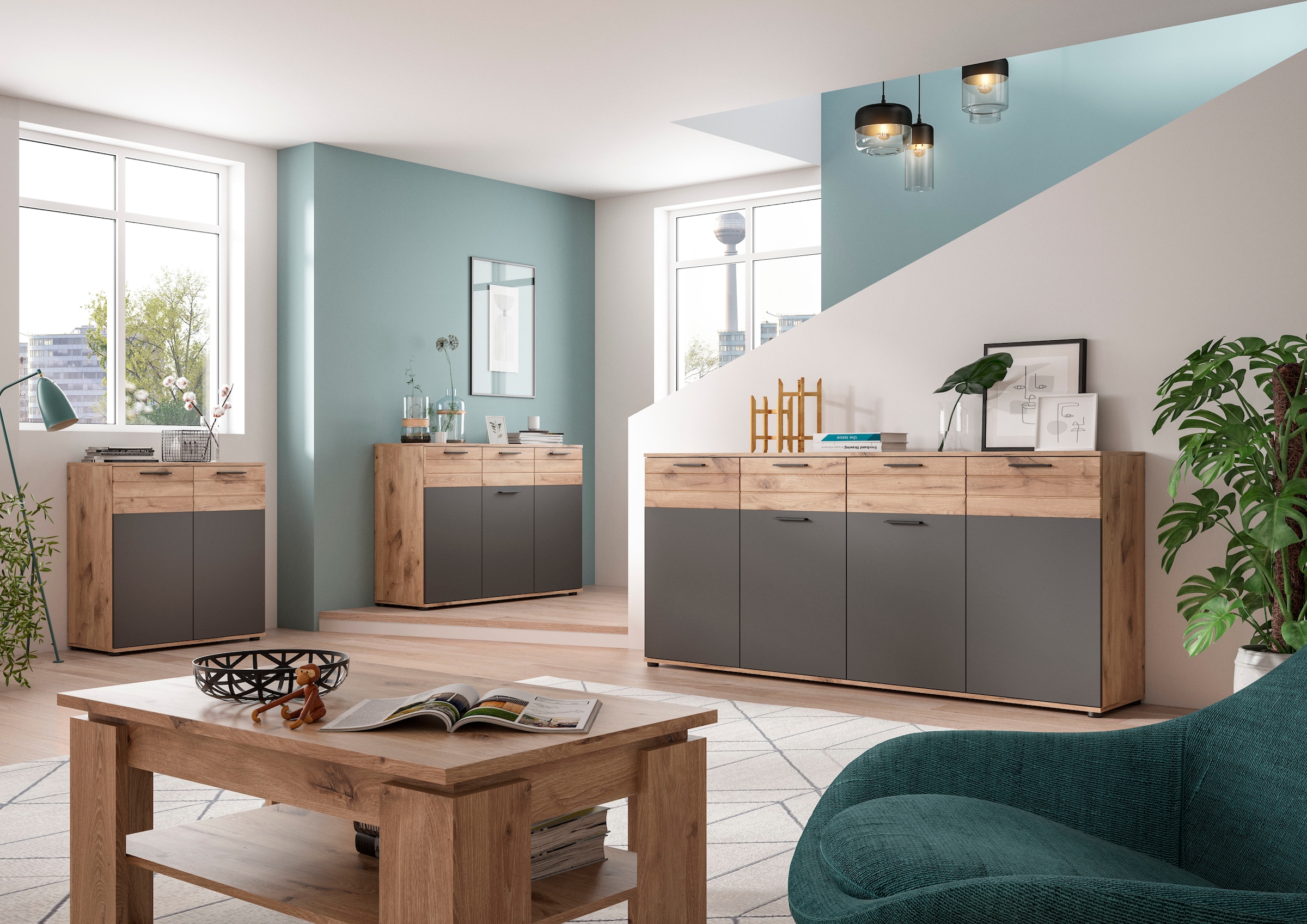 INOSIGN Sideboard »Riga, Breite 180cm, 4 Türen, 2 Schubkästen, 6 Einlegeböden, 10 Fächer« hochwertige Rillenfräsung, mit Softclose, Kommode, Anrichte, Schrank