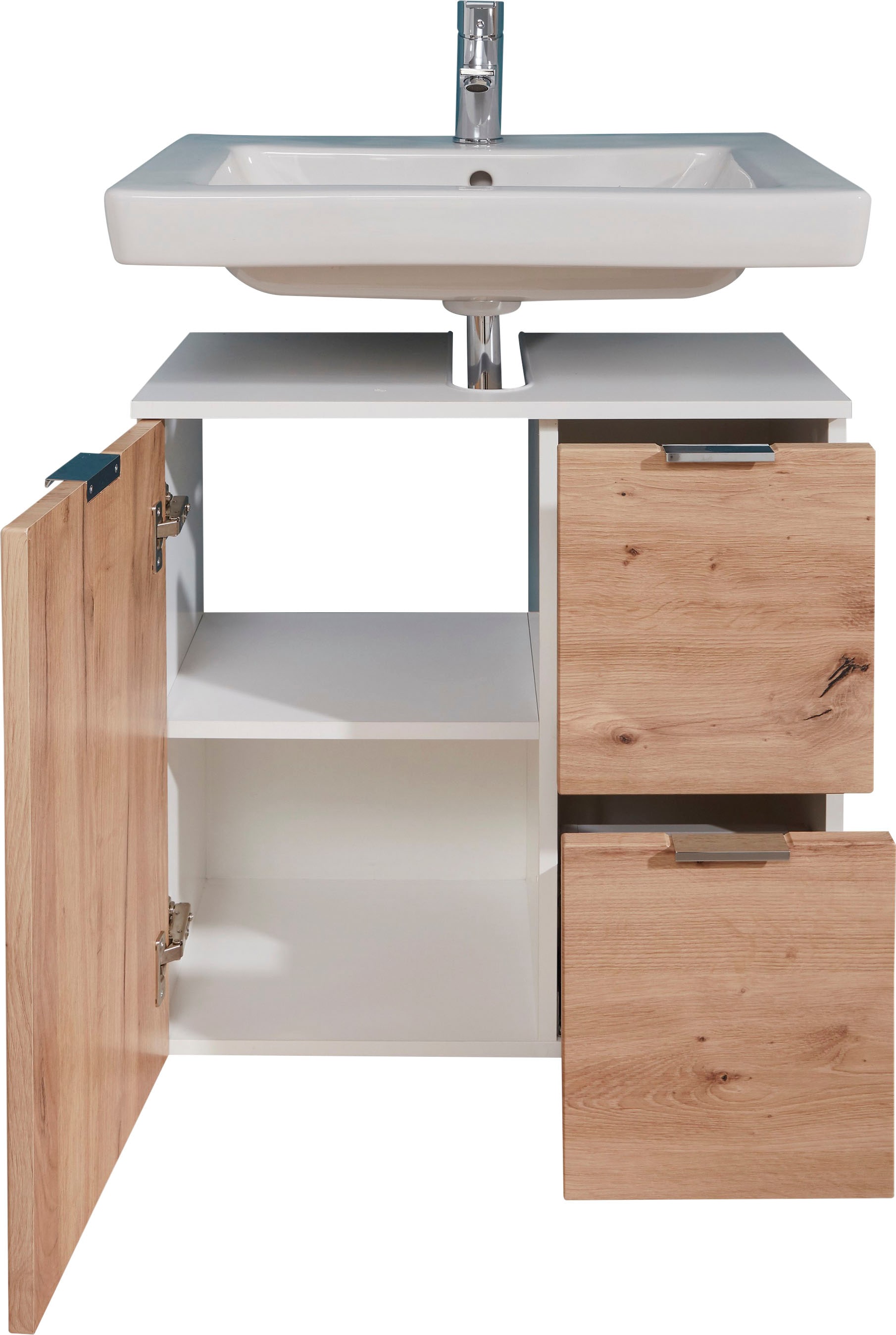 trendteam Waschbeckenunterschrank »Concept One«, Waschtisch mit 2 Fächern und 2 Schubladen in Weiss/Echtholzoptik