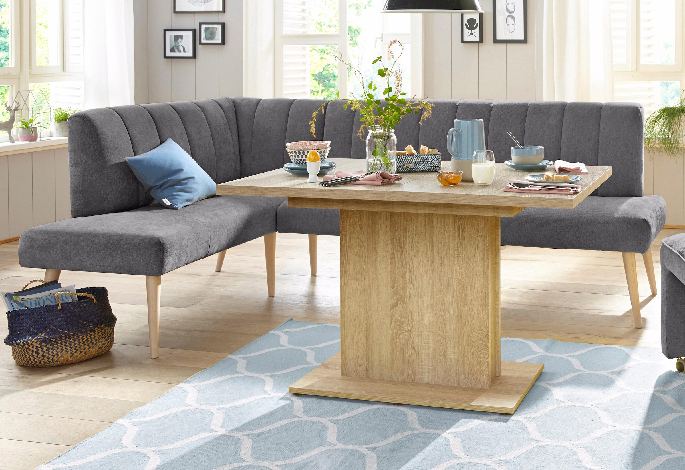 exxpo - sofa fashion Eckbank »Costa, moderne Rückensteppung, bequem und elegant, hoher Holzfuss«, hochwertig verarbeitet, Frei im Raum stellbar