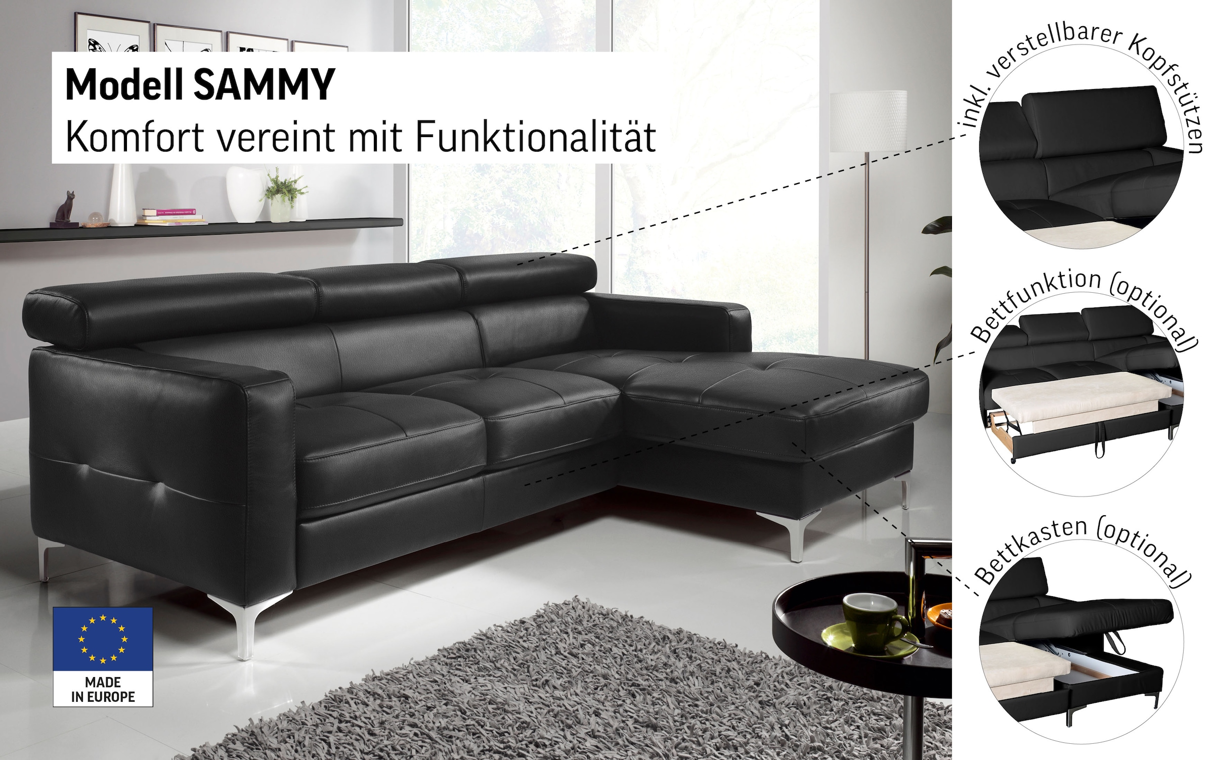 COTTA Canapé d'angle »Sammy L-Form« mit Kopfteilverstellung, wahlweise mit Bettfunktion & Bettkasten