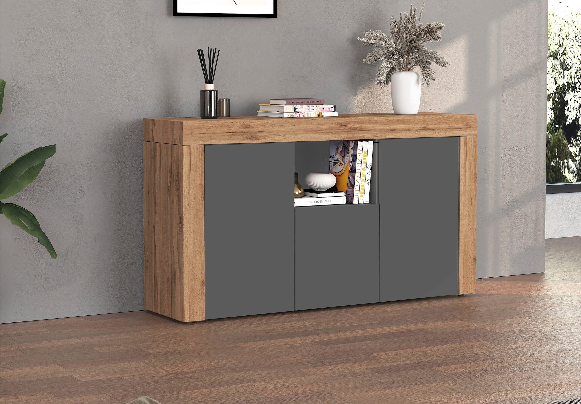 INOSIGN Sideboard »CHRONOS Breite 155 cm mit 3 Türen, 1 offenes und 6 geschlossene Fächer«, (1 St.), Sideboard,Kommode, Schrank, Grifflos mit Push to Open, Made in Italy