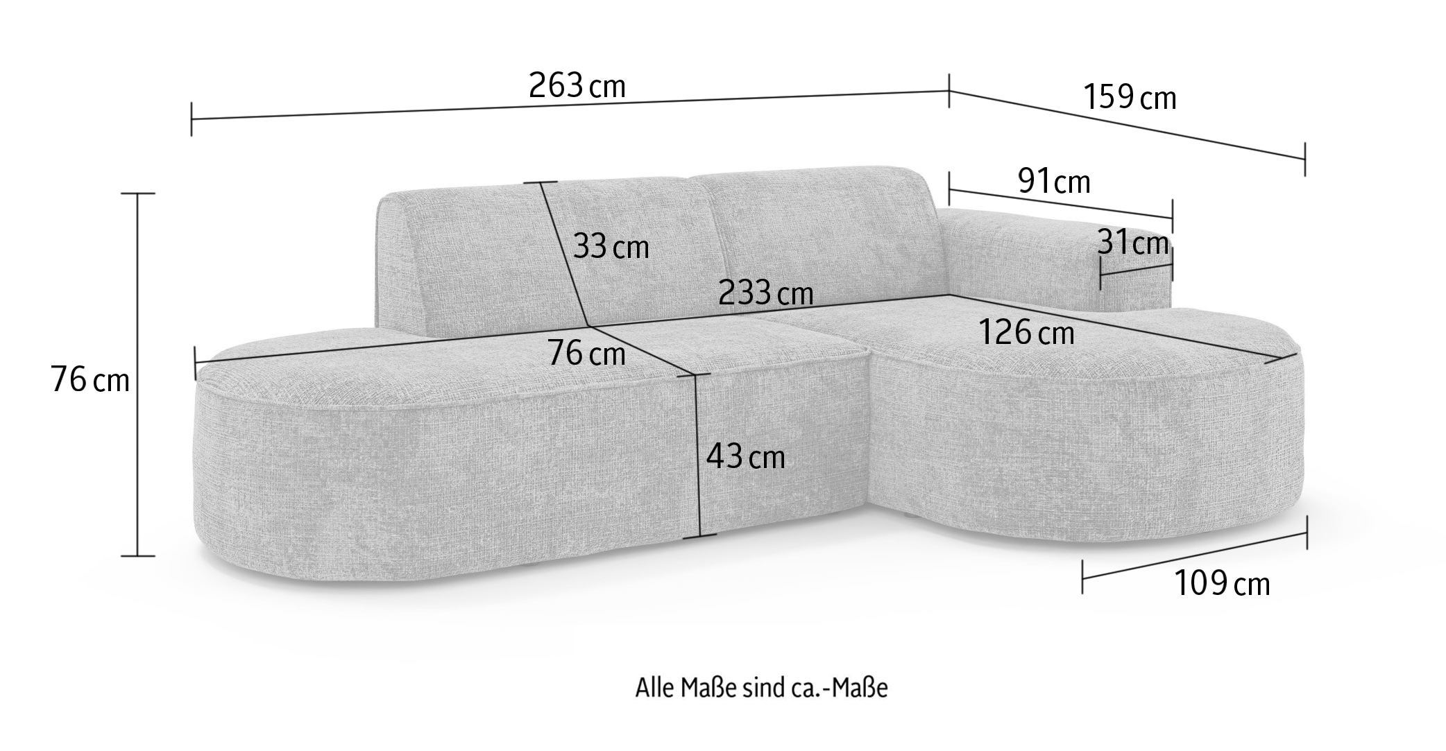 GOODproduct Ecksofa »ADELLA XL Design-Sofa mit Recamiere rechts/links, 263/159/76 cm« L-Form XL mit Wellenunterfederung, runde Form, auch in Cord