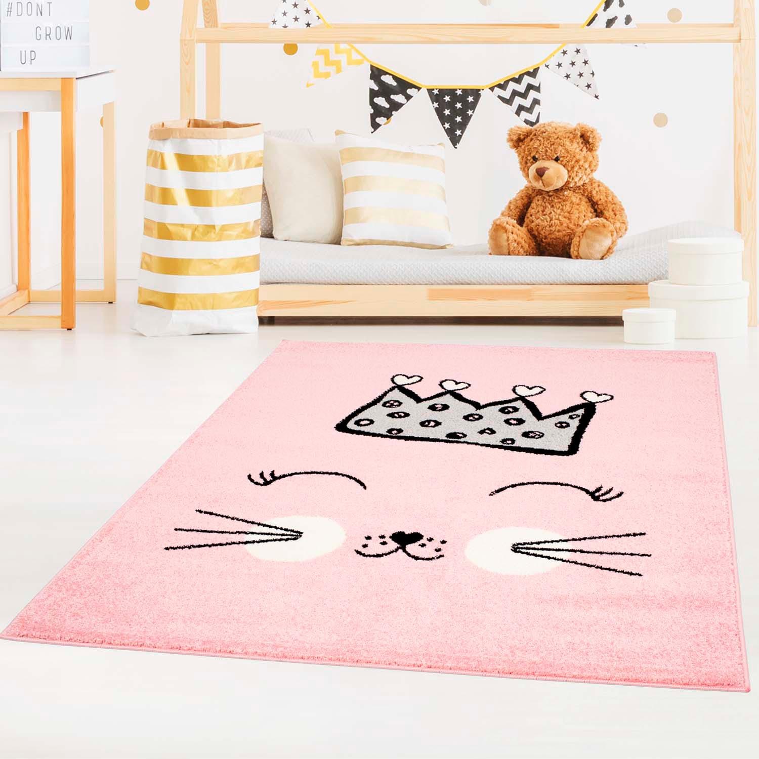 Carpet City Kinderteppich »Bubble Kids 1331«, rechteckig, 11 mm Höhe, Spielteppich, Katze, Krone, Weicher Flor, Pflegeleicht, Kinderzimmer