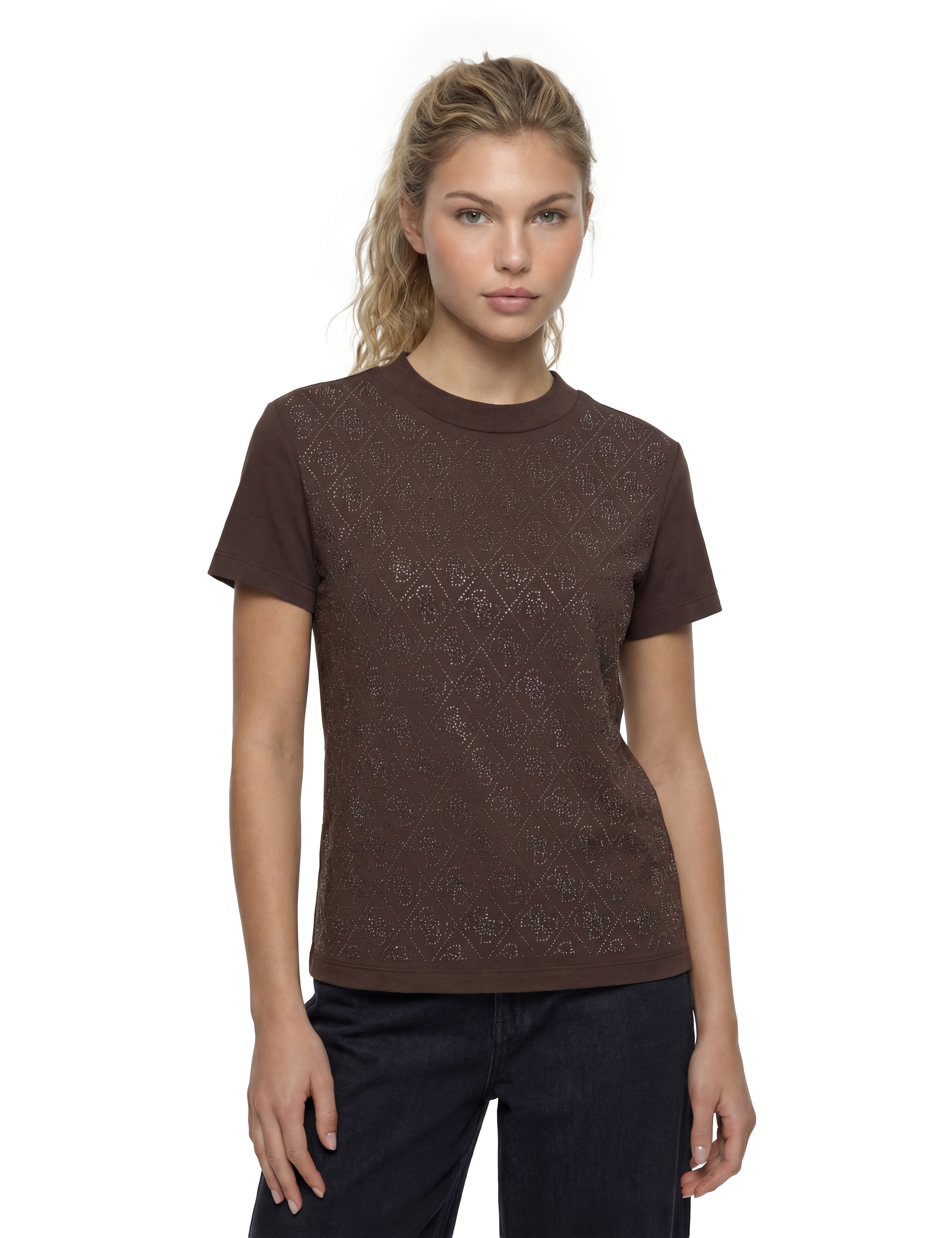 Guess T-Shirt »SS MOCK NECK ALL OVER 4G TEE« mit Strassbesatz, Slim Fit