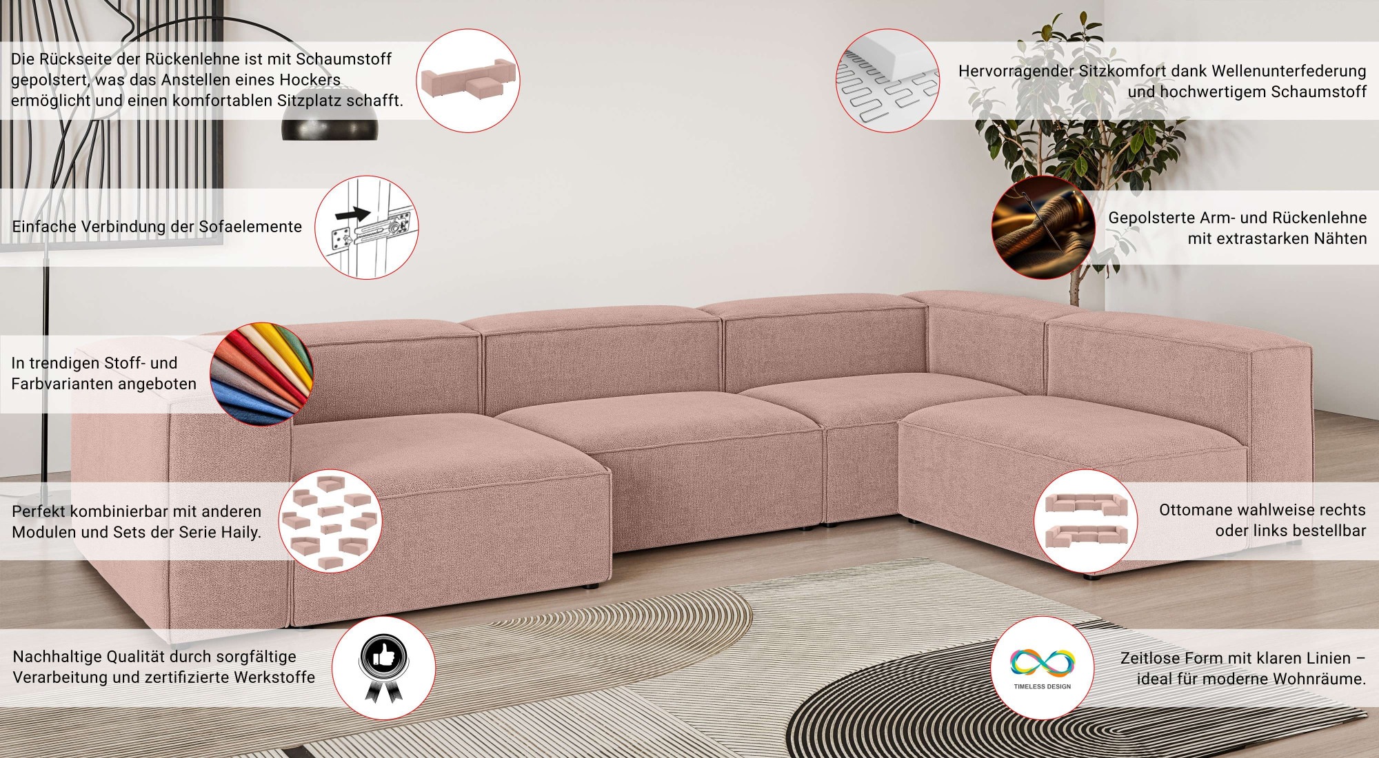 INOSIGN Wohnlandschaft »HAILY U-Form mit Ottomane links/rechts, Masse B/T/H: 360/200/72 cm«, als Modul oder separat verwendbar, für individuelle Zusammenstellung