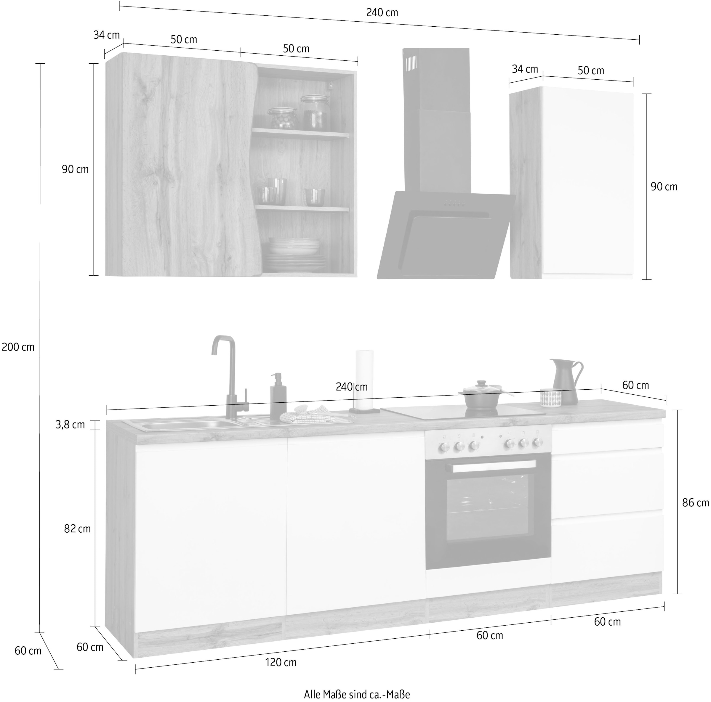 KOCHSTATION Kitchenette »KS-Bruneck« largeur 240cm, avec ou sans appareils électriques, façades MDF de haute qualité