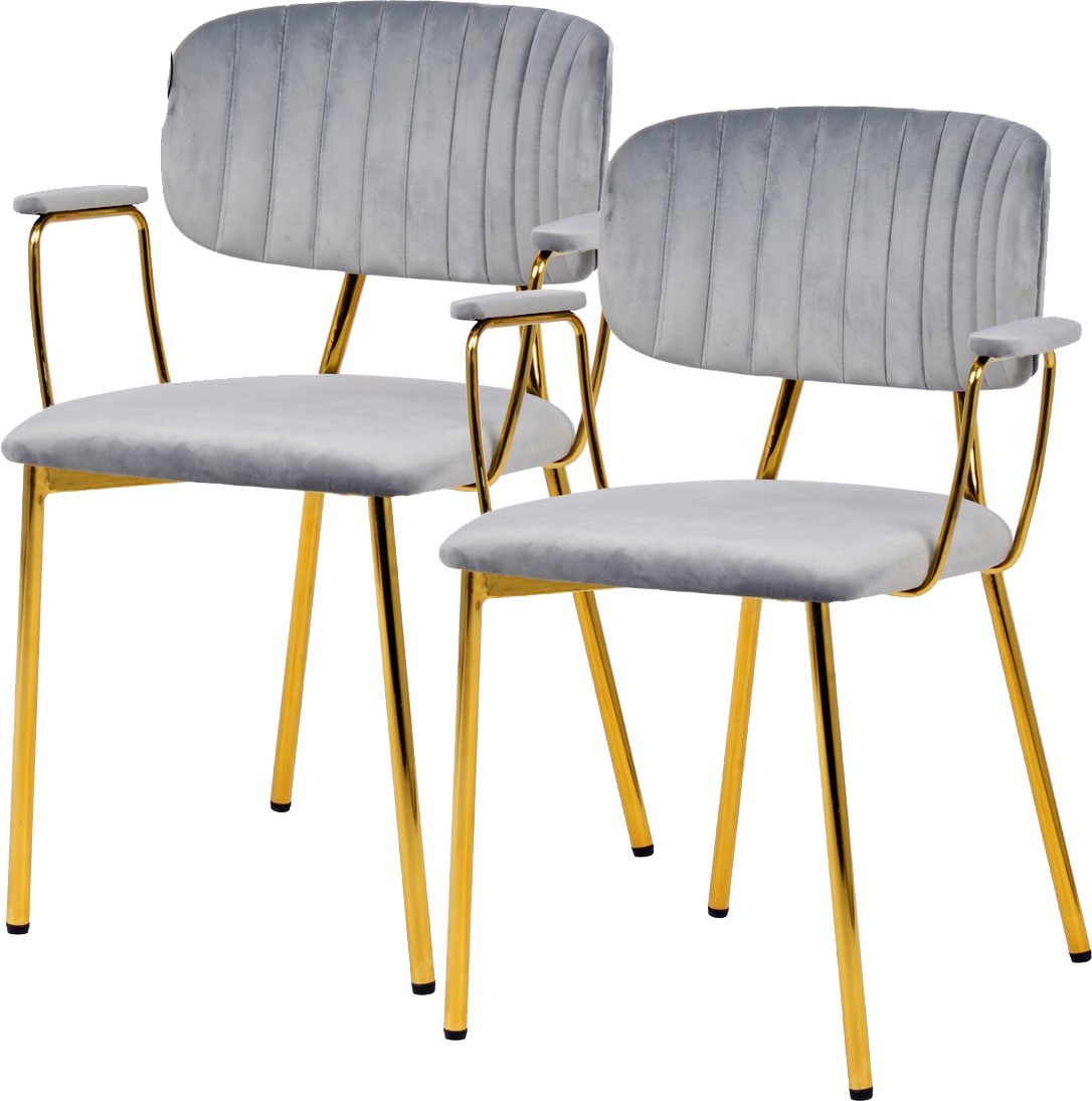 Kayoom Polsterstuhl »Stuhl Giselle 225 2er-Set, Gestell aus Edelstahl«, (Set), 2 St., mit Armlehnen, goldenes Gestell aus Edelstahl, Samtbezug, Ziernähte
