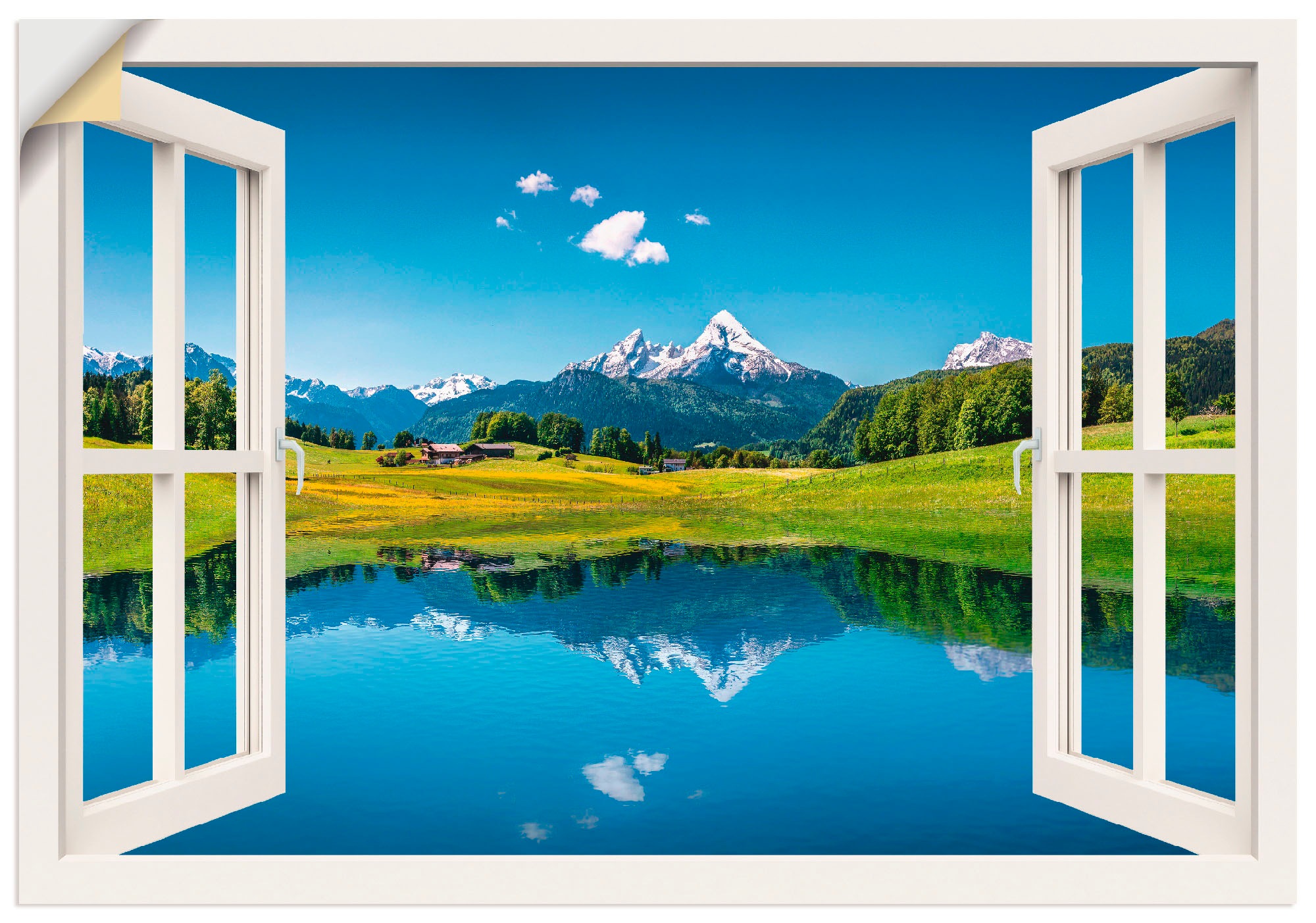 Image of Artland Wandbild »Fensterblick Alpen und Bergsee«, Berge, (1 St.), in vielen Grössen & Produktarten - Alubild / Outdoorbild für den Aussenbereich, Leinwandbild, Poster, Wandaufkleber / Wandtattoo auch für Badezimmer geeignet bei Ackermann Versand Schweiz