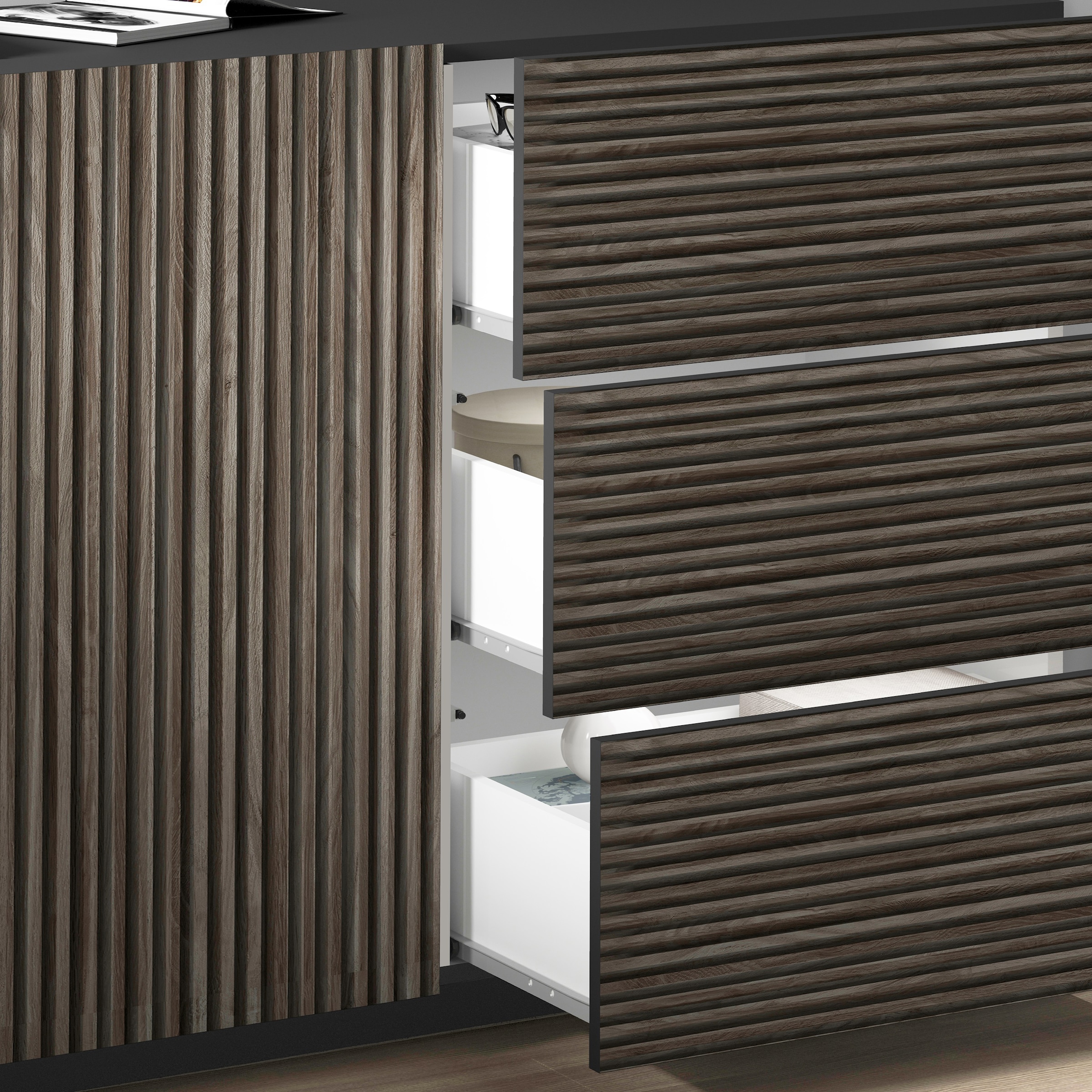 INOSIGN Sideboard »Vega Sideboard,Kommode,220 cm«, mit 4 Türen und 3 Schubladen,Fronten mit Rillen-Optik