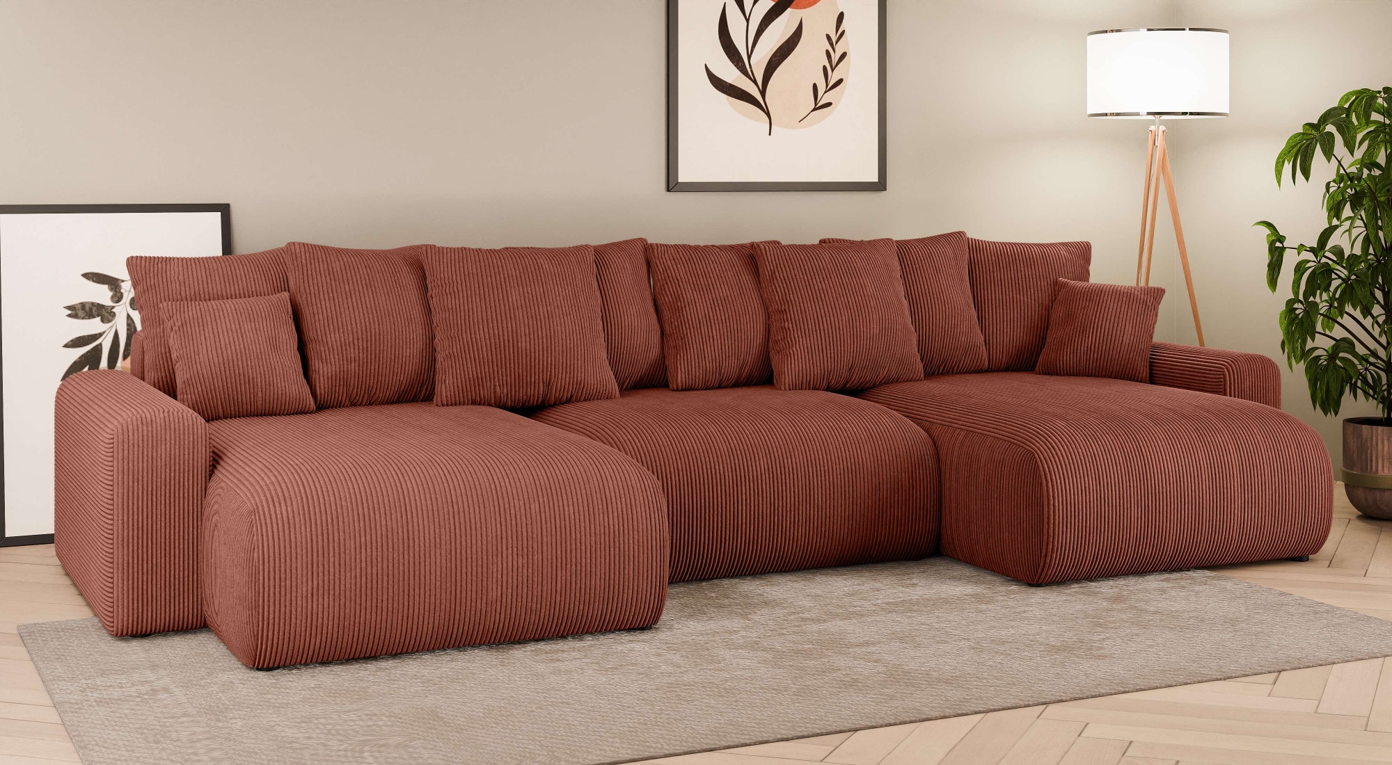 Home affaire Wohnlandschaft »LAKESIDE mit Bettfunktion und Bettkasten, Masse B/T/H: 332,5/142/84 cm«, U‑Form mit vielen Kissen und Wellenunterfederung