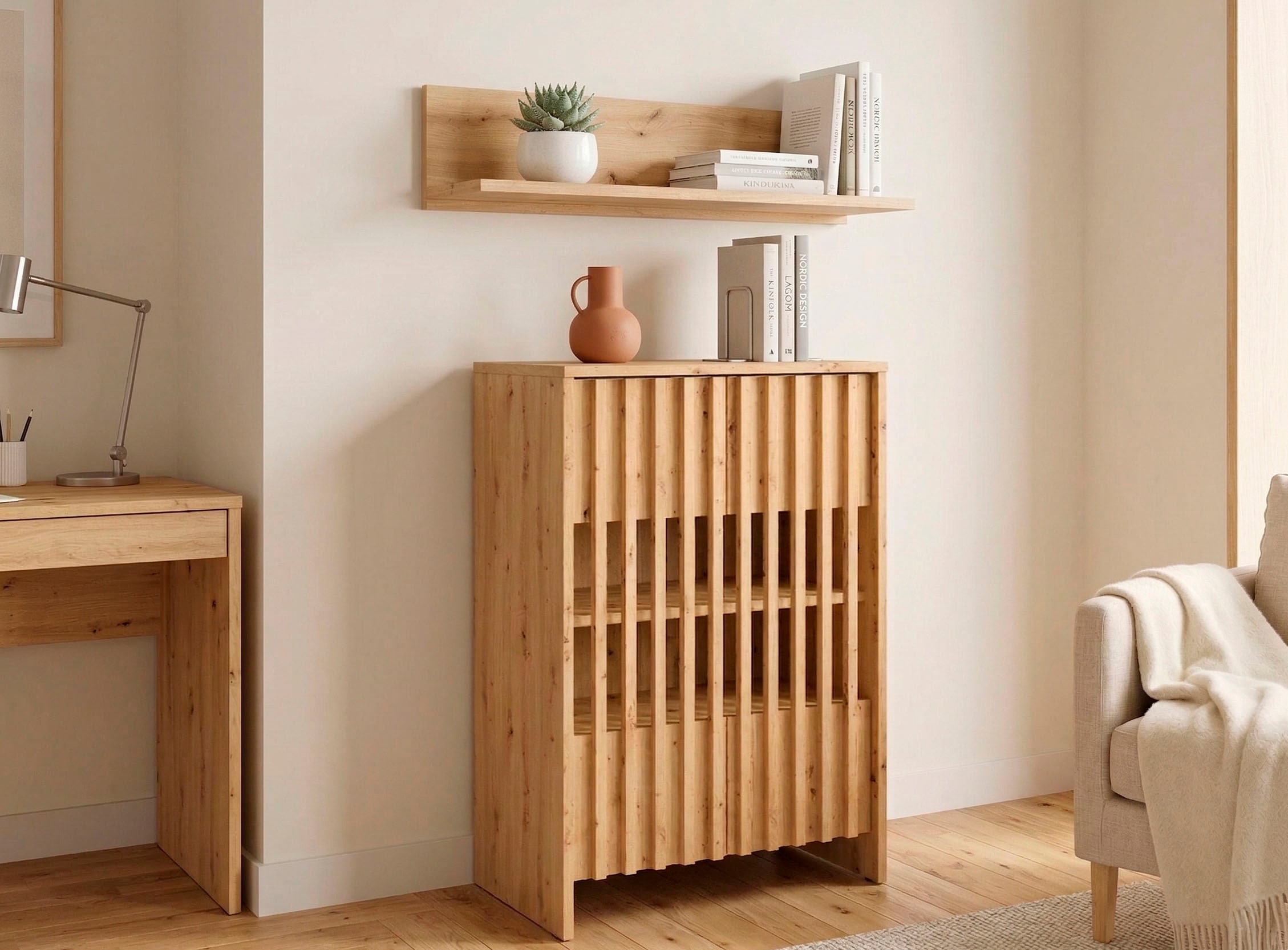 Home affaire Mehrzweckschrank »MURET, multifunktionale Kommode, 4 Fächer und 2 Türen, Lamellenfronten« Masse B/T/H: 60/35,4/87 cm,  Kommode mit viel Stauraum, Masse B/T/H: 60/35,4/87 cm