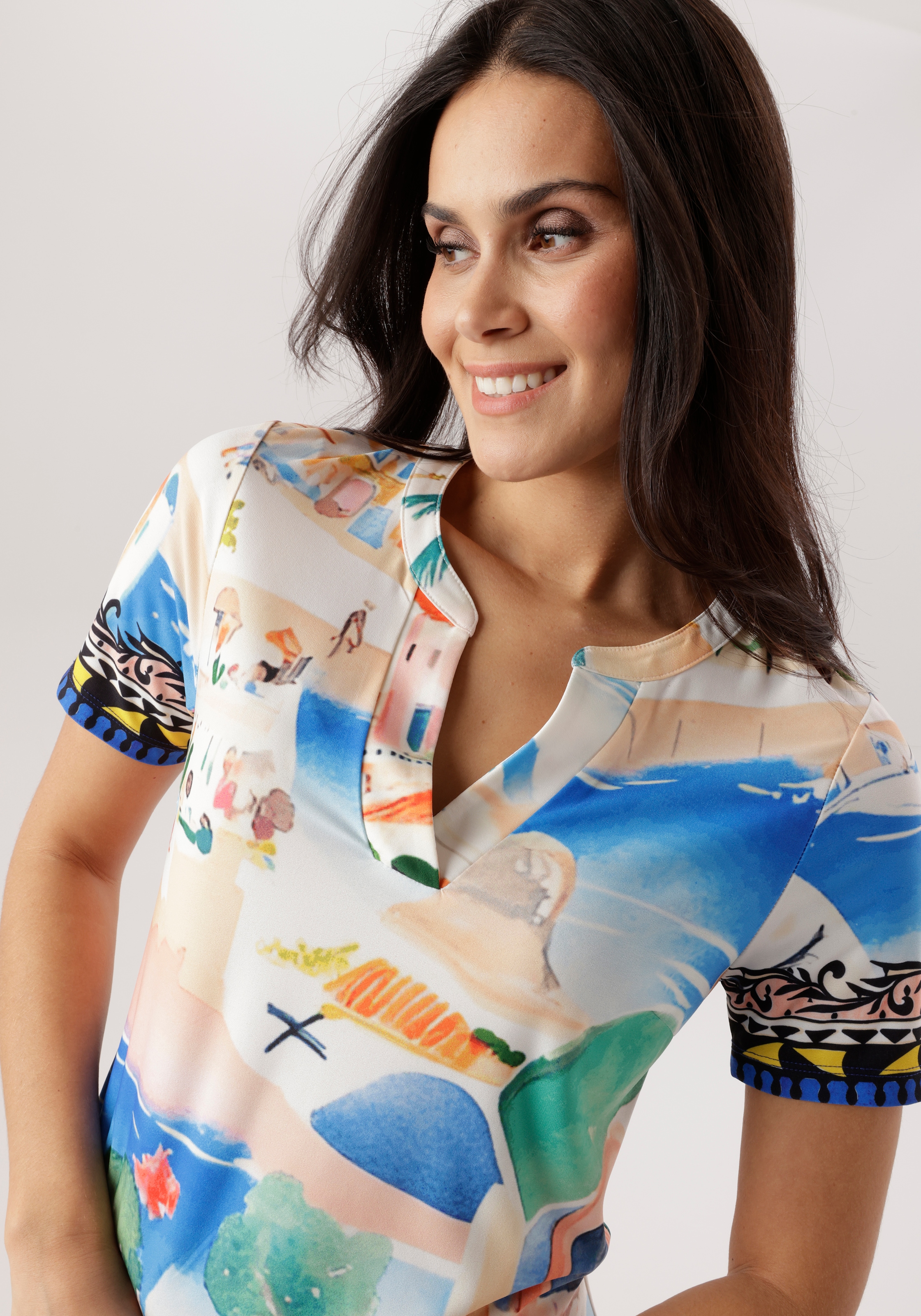 Aniston SELECTED Robe en jersey mit farbenfrohem, sommerlichem Urlaubsmotiv  - NEUE KOLLEKTION