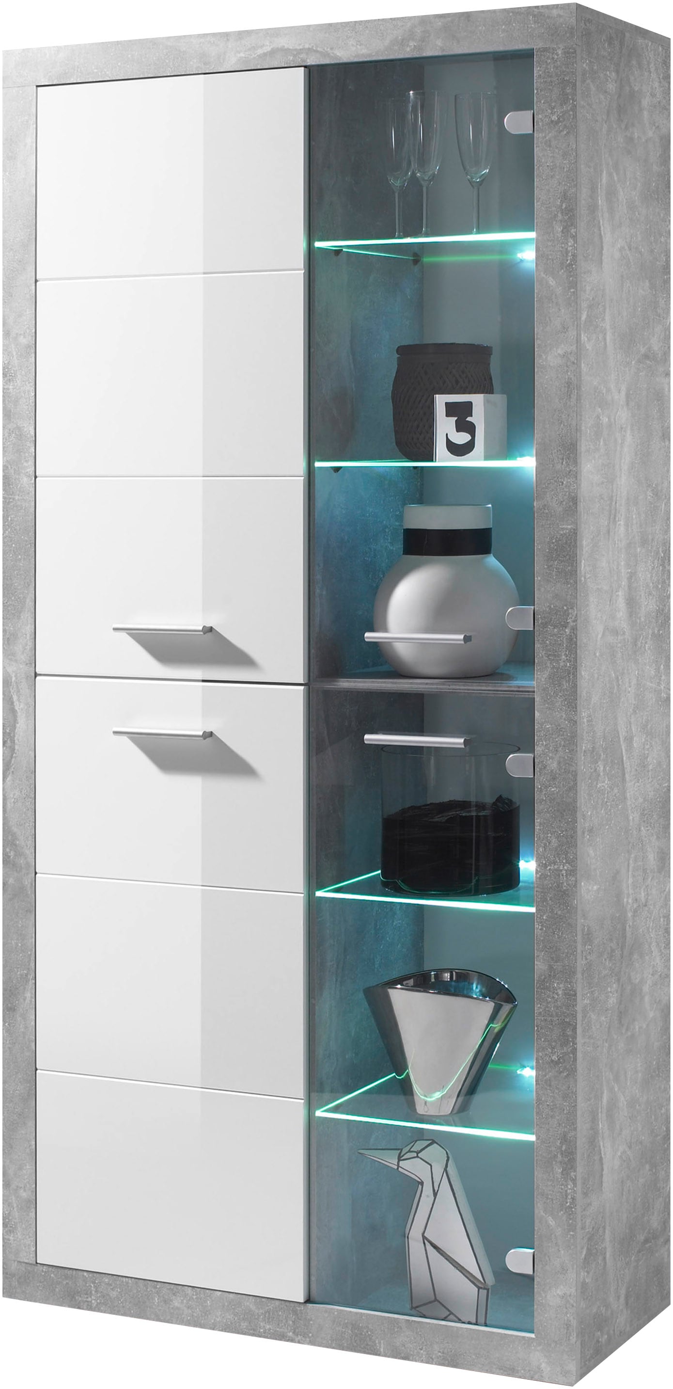 Image of HBZ Highboard "Stone weiss Hochglanz, Wohnzimmerschrank BxHxT 92x194x37 cm" 1 Stk. tlg. Mit 2 Türen, 2 Glastüren, 4 Einlegeböden, 4 Glasböden, 2 feste Böden