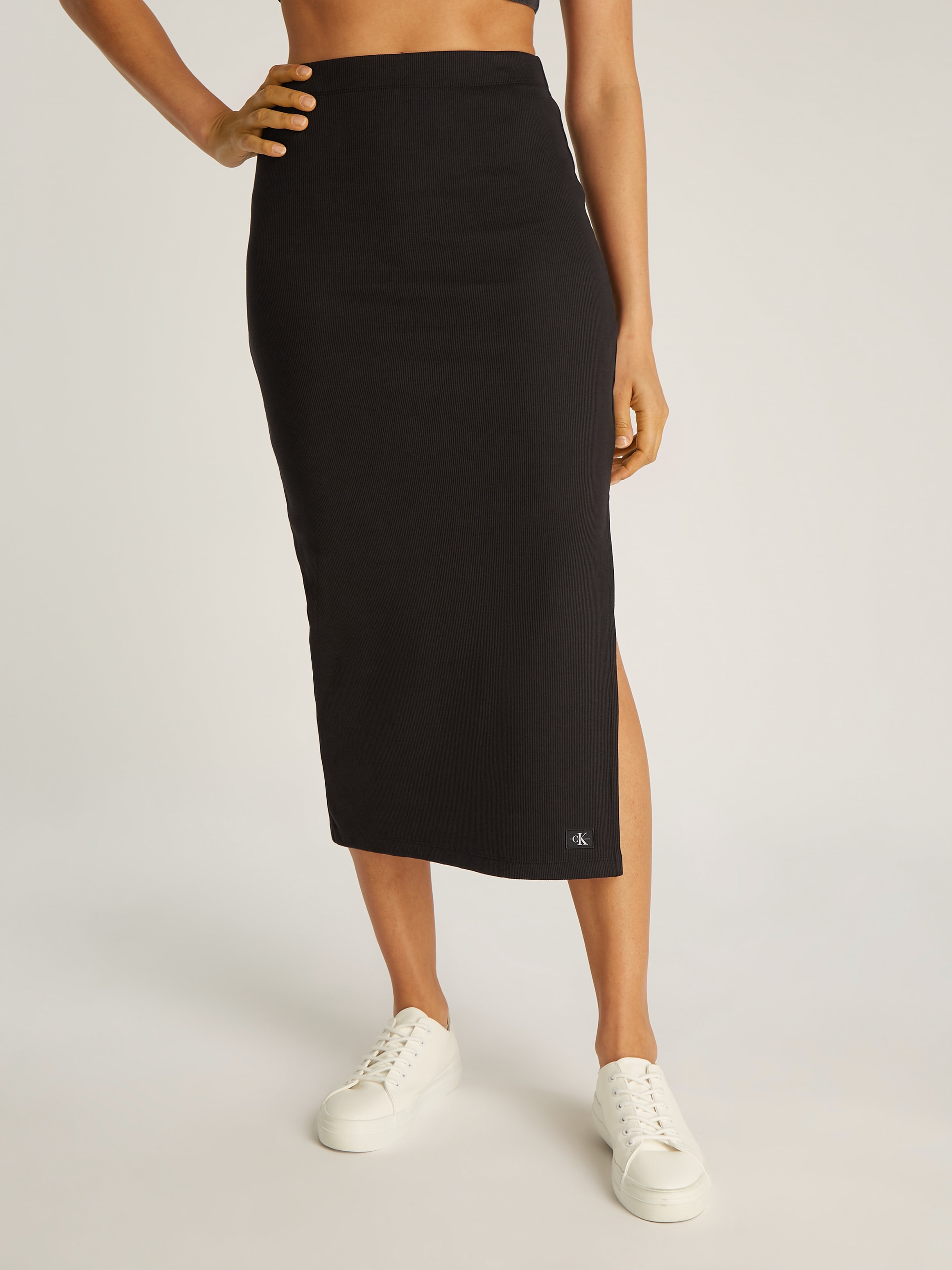 Calvin Klein Jeans Midirock »WOVEN LABEL RIB SKIRT«, mit Beinschlitz