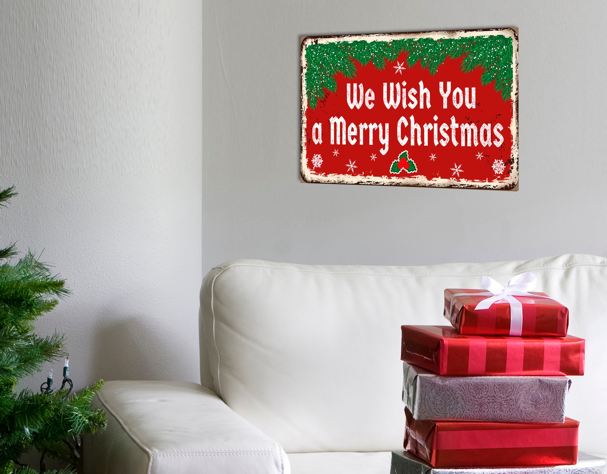Image of queence Metallbild "We Wish You a Merry Christmas" Schneeflocken Schriftzug Schriftzüge Sprüche Sprüche & Texte Weihnachten 1 Stk. tlg. Stahlschilder