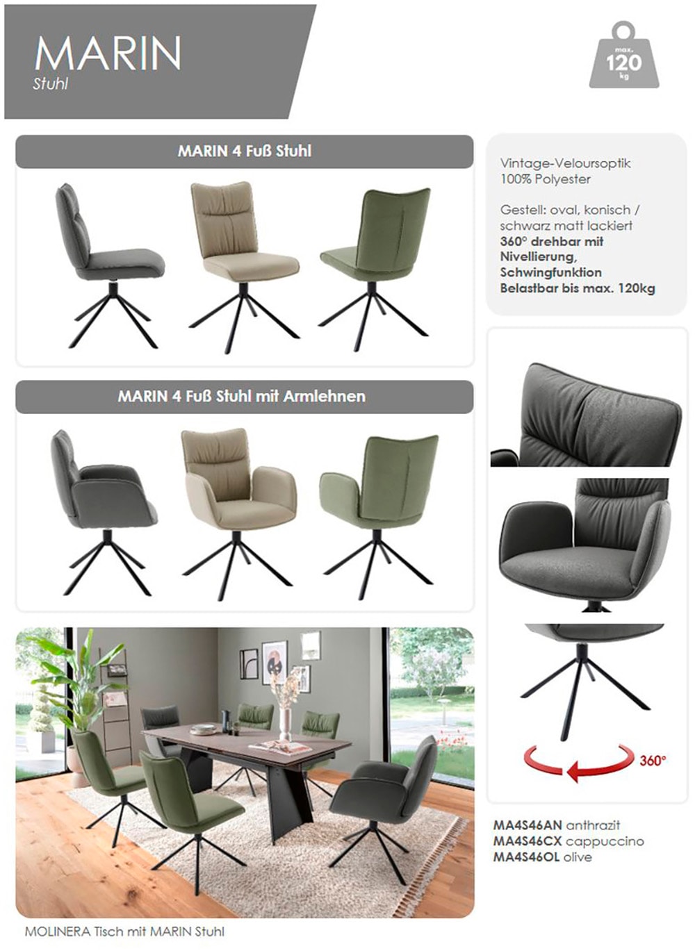MCA furniture 4-Fussstuhl »MARIN Esszimmerstuhl (2er Set) - Stuhl«, (Set), 2 St., Microfaser, 360° drehbar, Metall schwarz, beweglichen Rücken, belastbar 120 kg