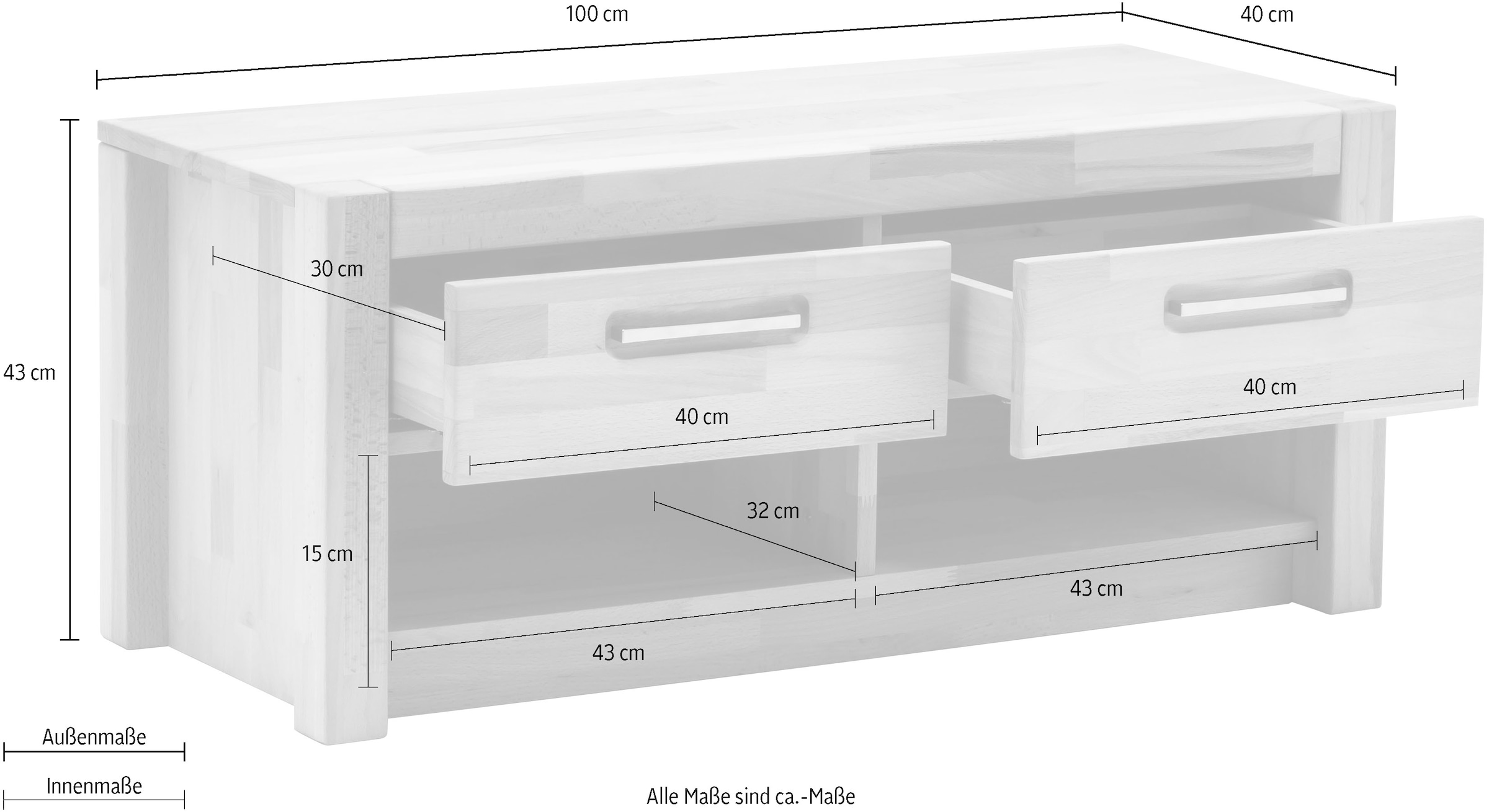 MCA living Garderobenschrank »Fenja Garderobenbank, Flurbank, Bank, Ablagebank - Breite 100 cm« 1 Stk. tlg. Massivholz, Kernbuche,2 offene Fächer, 2 Schubkästen, Made in Europe
