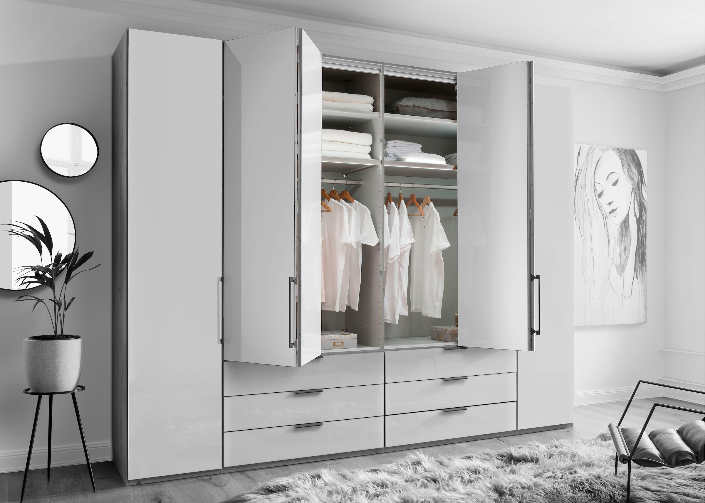 WIEMANN Falttürenschrank »Monaco, Kleiderschrank, Schrank, Wäscheschrank, mit edler Glasfront« 2 Breiten, 2 Höhen 216/236 cm auswählbar, MADE IN GERMANY,  inkl. gepämpften Schubkästen und Türen, mit Panoramaöffnung