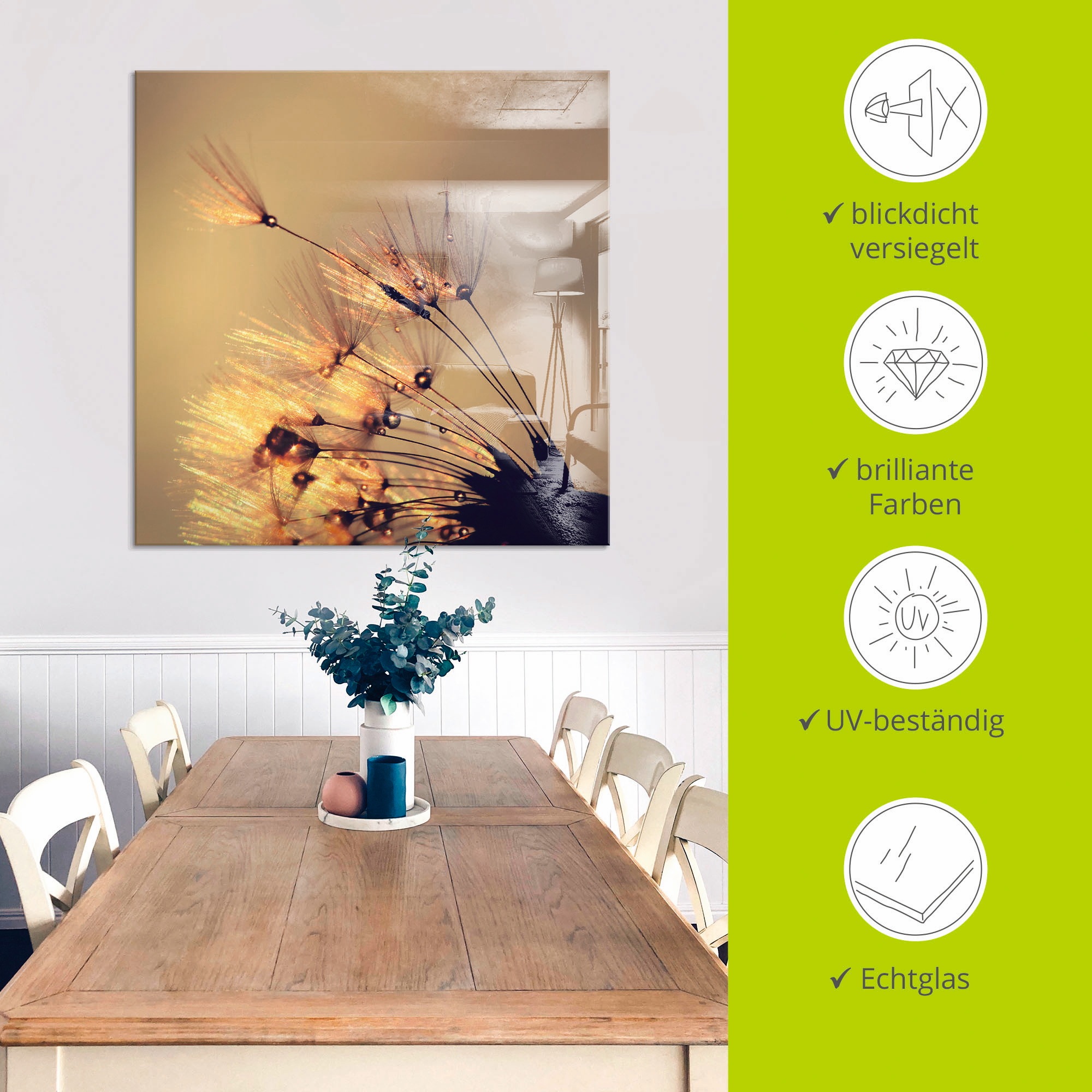 Artland Glasbild »Pusteblume Goldene Schirmchen«, Blumen, (1 St.), in verschiedenen Grössen